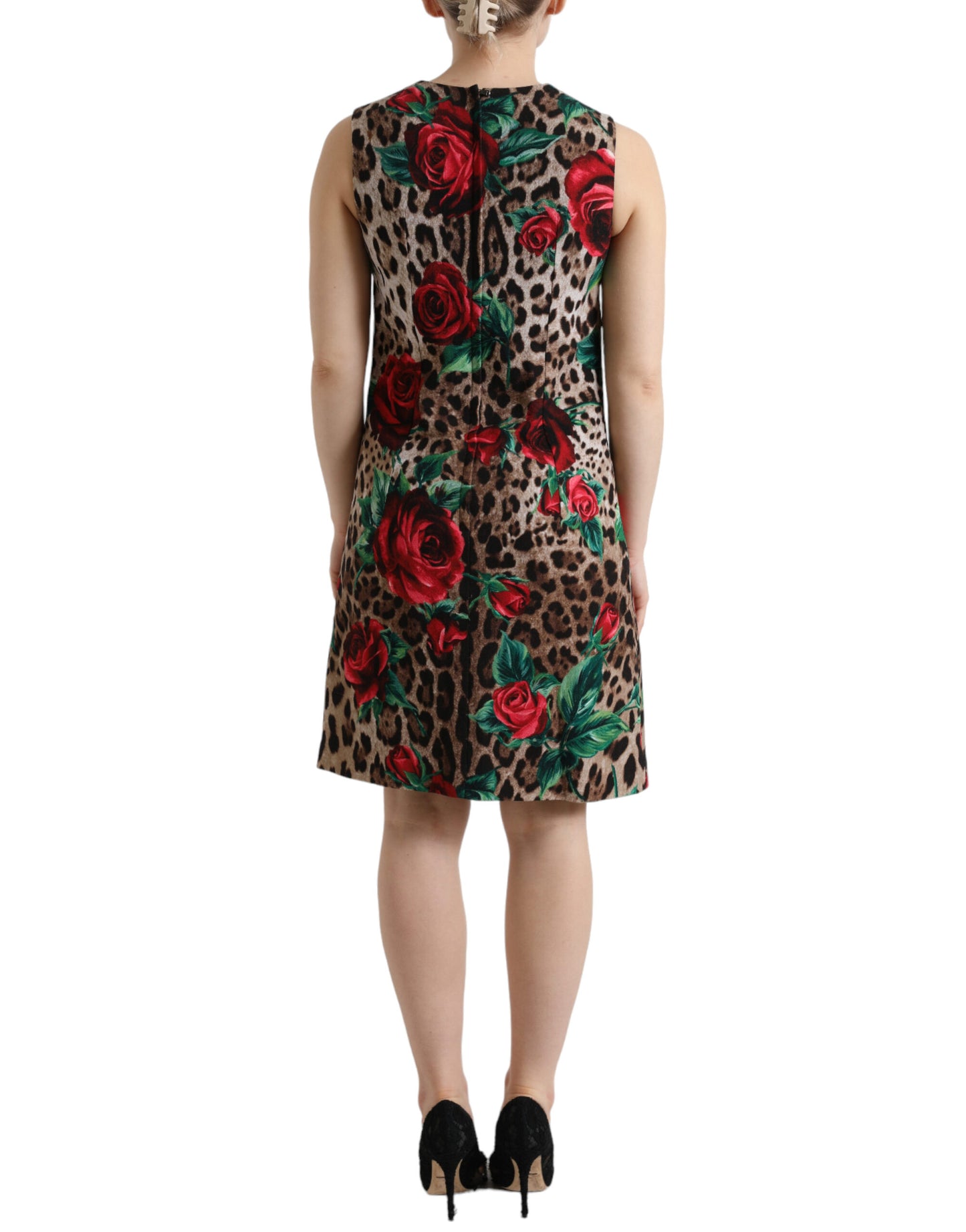 Dolce & Gabbana Brown Leopard Red Roses Wool A-line Dress