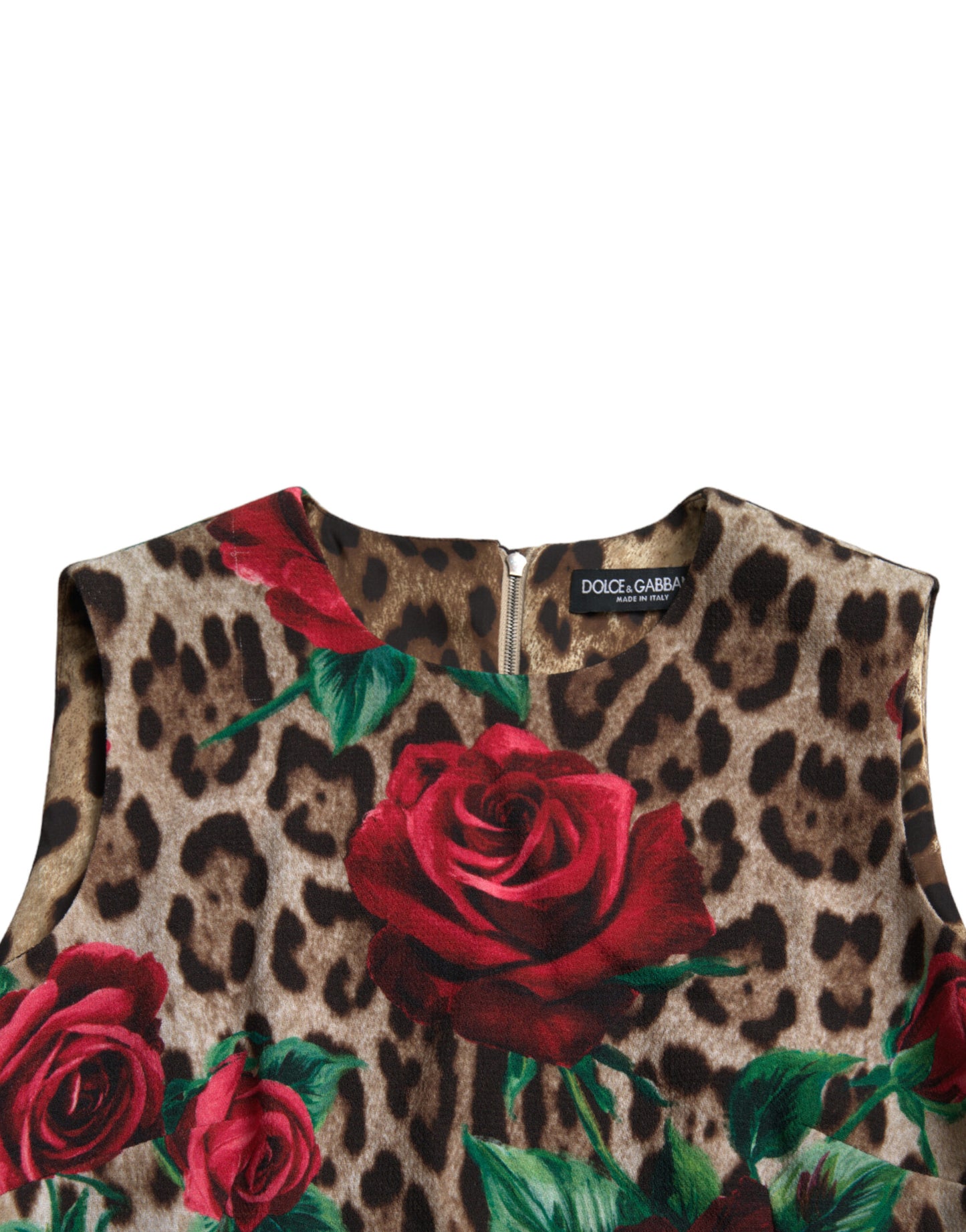 Dolce & Gabbana Brown Leopard Red Roses Wool A-line Dress