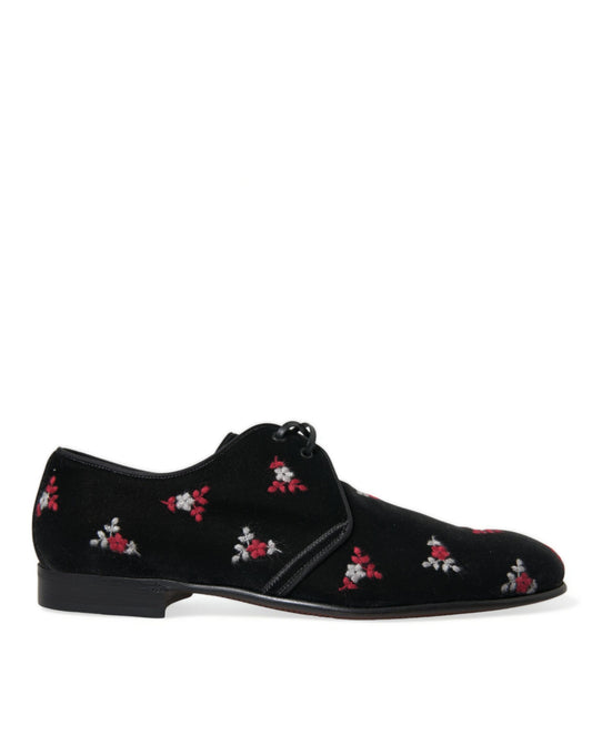 Dolce & Gabbana Black Floral Velvet Formal Dress Shoes