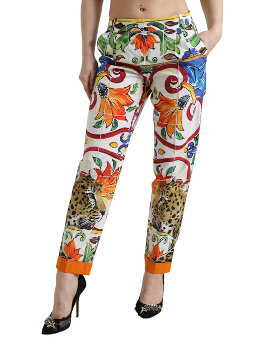 Dolce & Gabbana White Majolica Print Tapered Mid Waist Pants