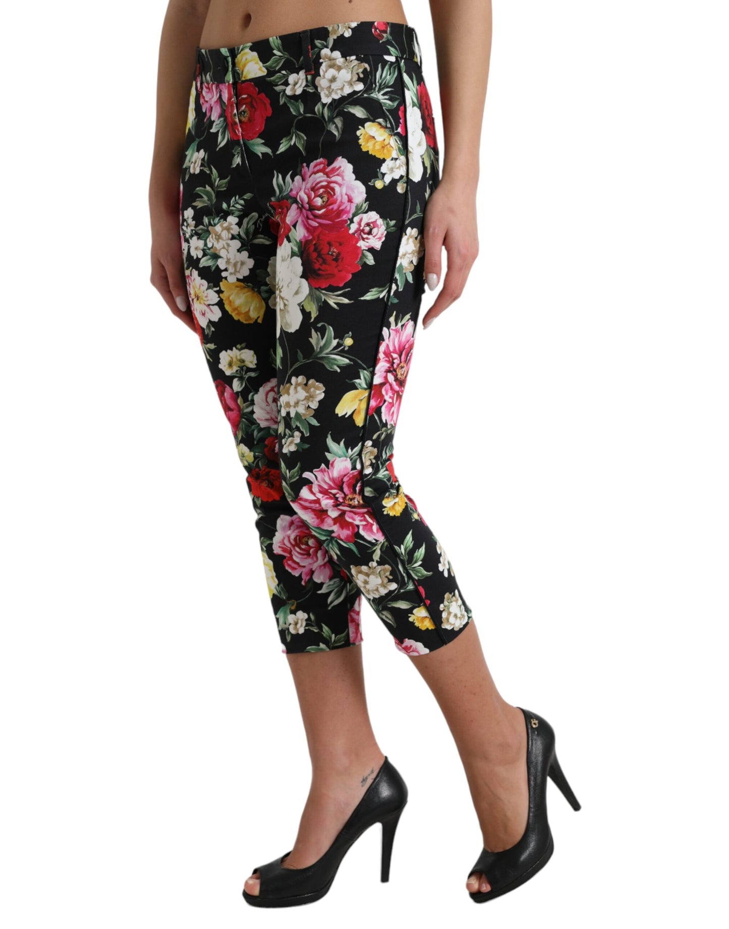 Dolce & Gabbana Black Floral Print Mid Waist Cropped Pants