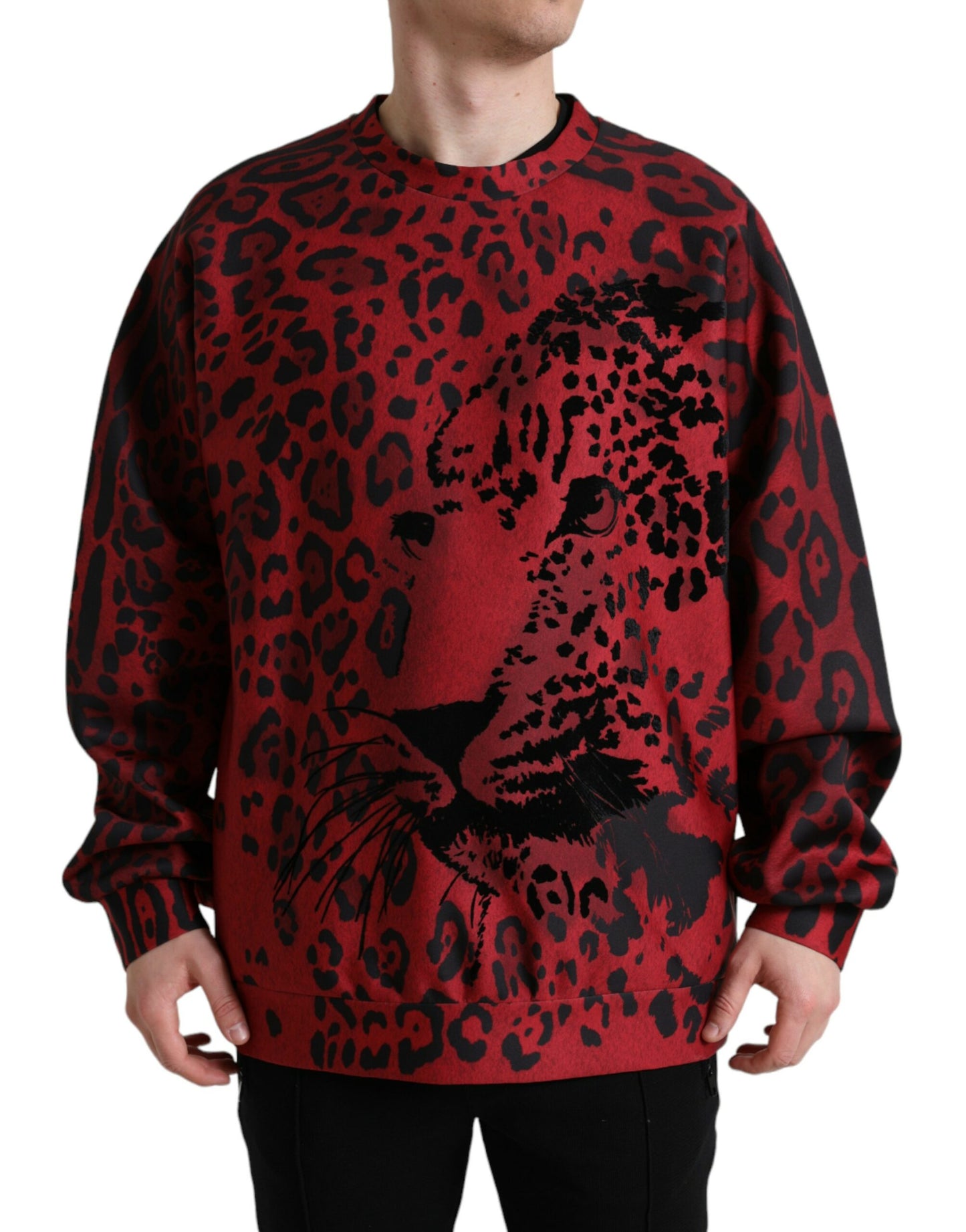 Dolce & Gabbana Red Leopard Print Crewneck Pullover Sweater