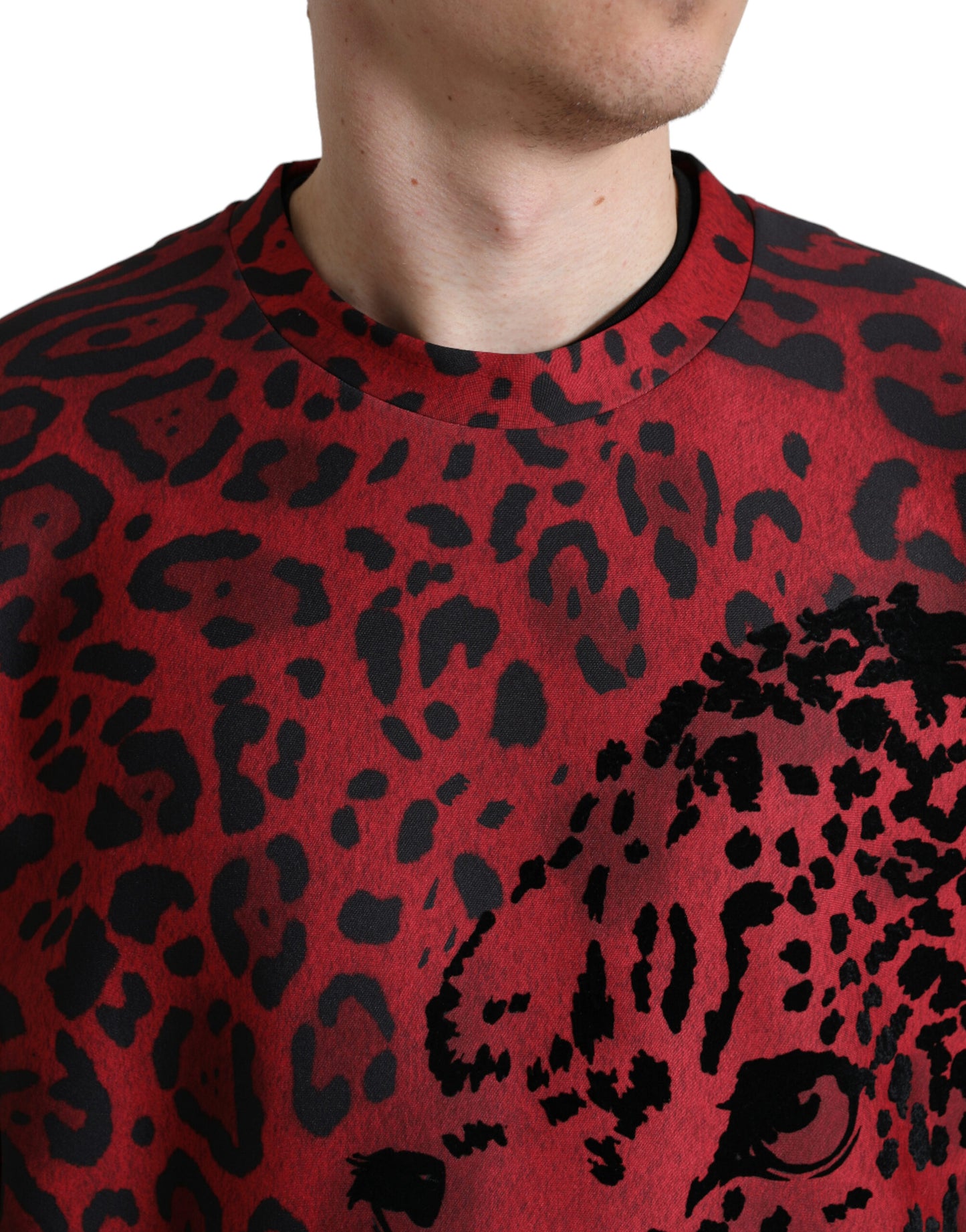 Dolce & Gabbana Red Leopard Print Crewneck Pullover Sweater