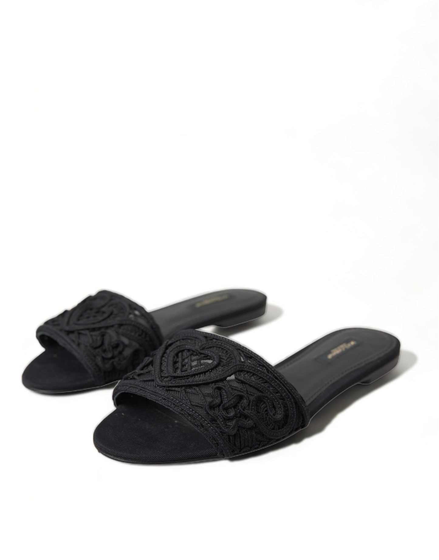 Dolce & Gabbana Black Cotton Heart Embroidery Sandals Shoes