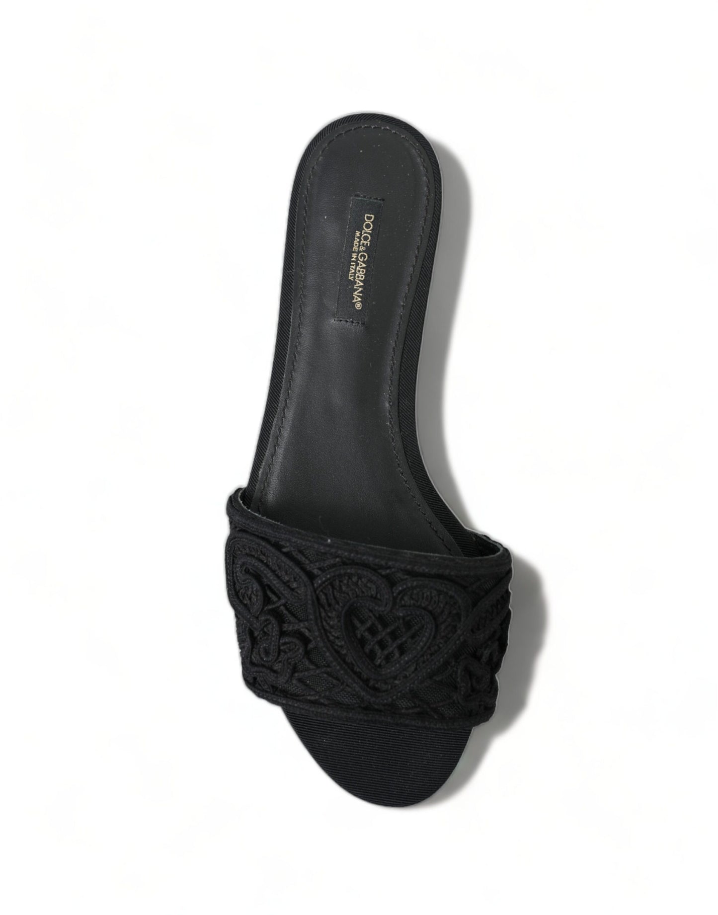 Dolce & Gabbana Black Cotton Heart Embroidery Sandals Shoes