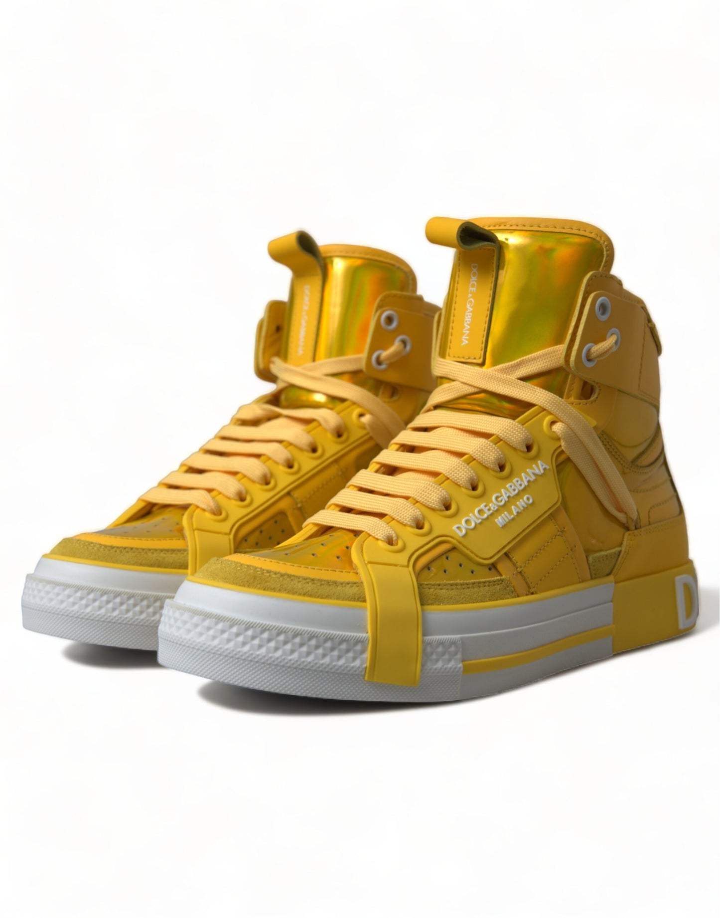 Dolce & Gabbana Yellow White Leather High Top Sneakers Shoes