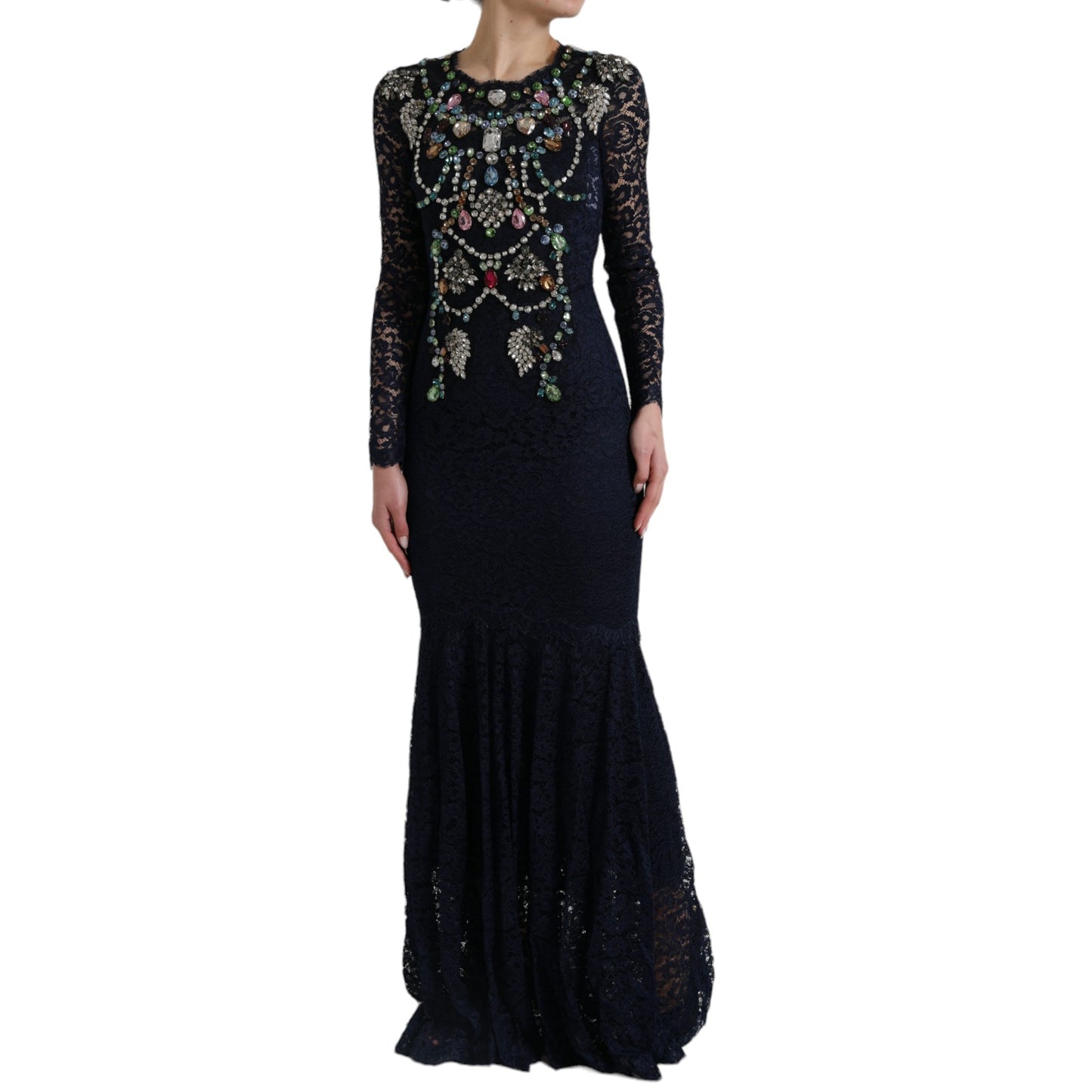 Dolce & Gabbana Blue Crystal Floral Lace Long Gown Dress