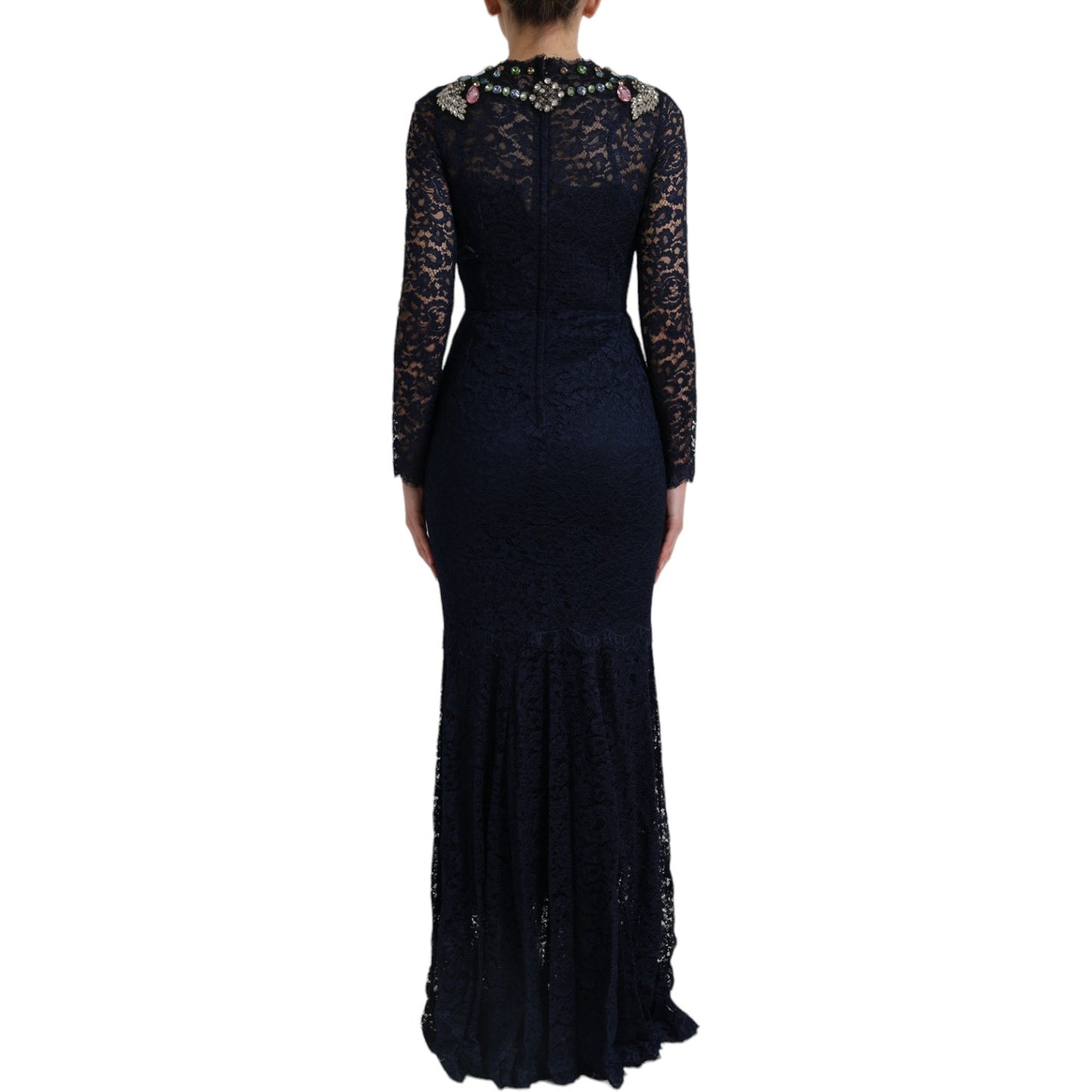 Dolce & Gabbana Blue Crystal Floral Lace Long Gown Dress