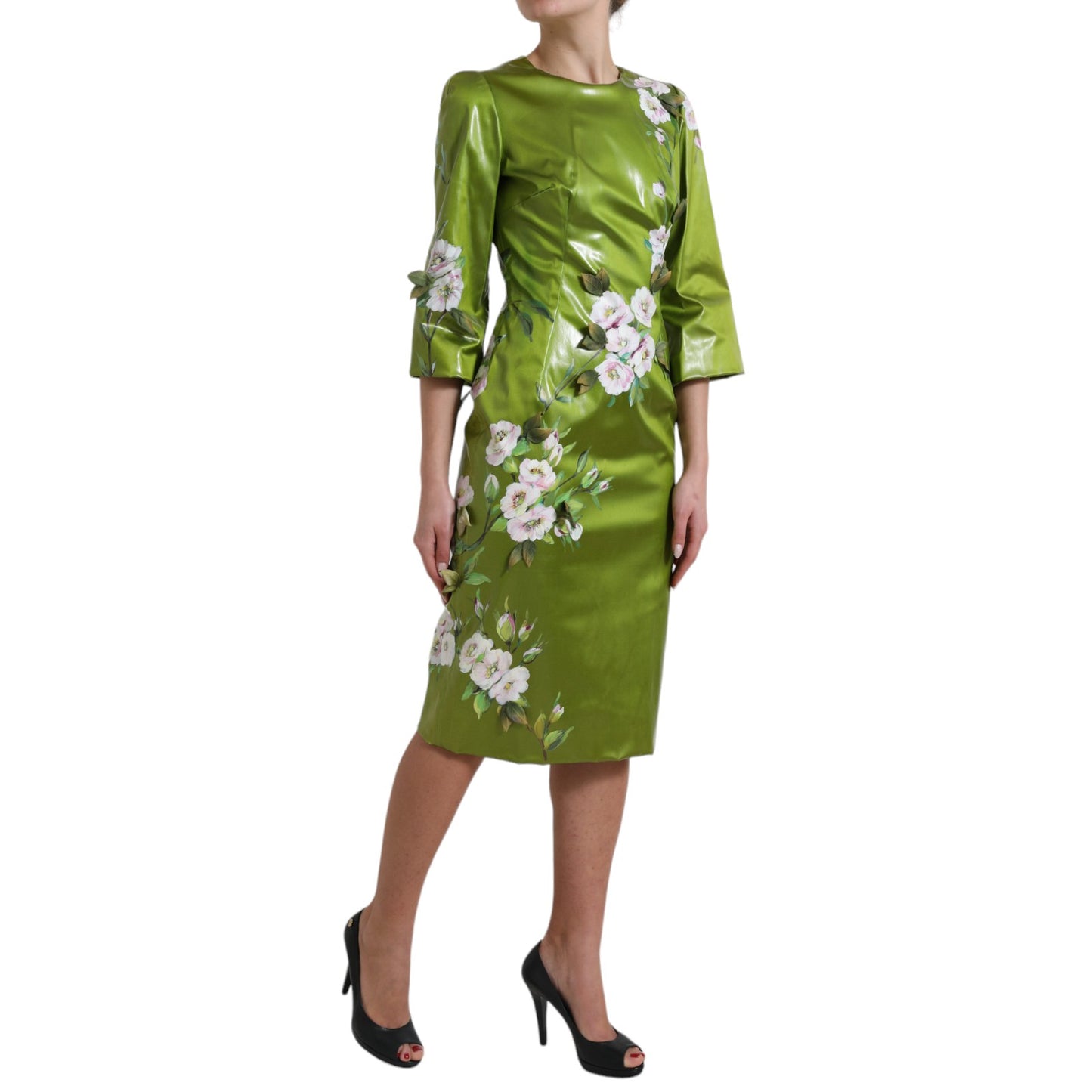 Dolce & Gabbana Green Floral Embellished Sheath Midi Dress