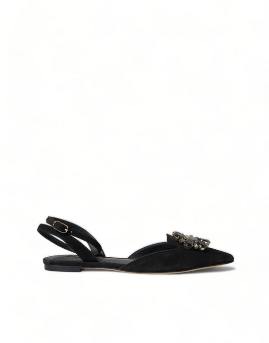 Dolce & Gabbana Black Leather Crystal Slingback Flats Shoes