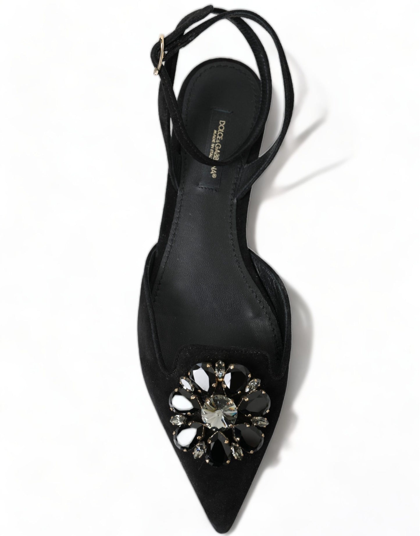 Dolce & Gabbana Black Leather Crystal Slingback Flats Shoes