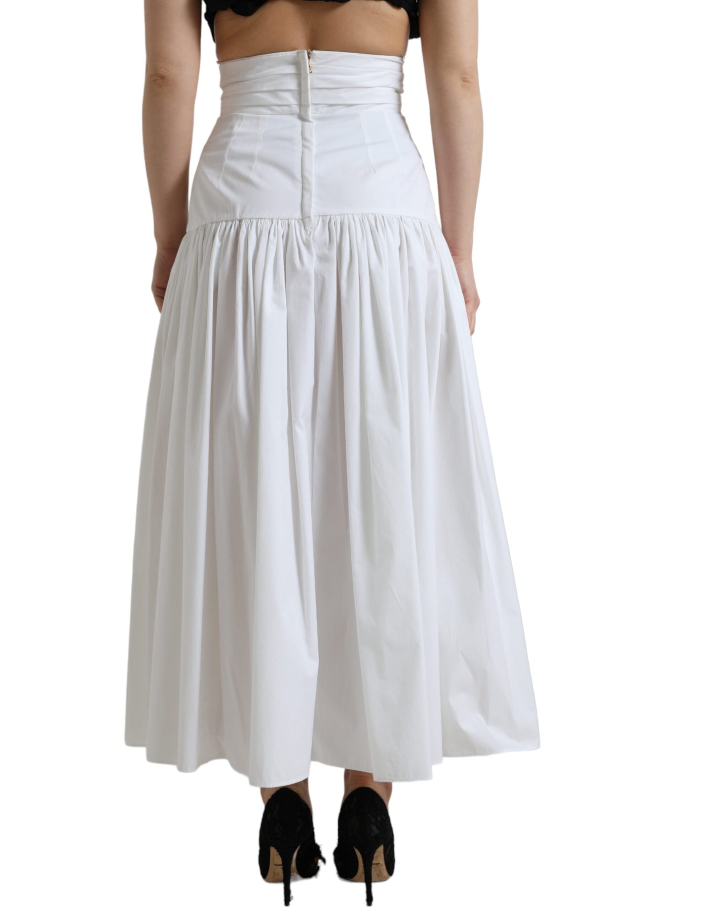 Dolce & Gabbana White Cotton Pleated A-line High Waist Skirt