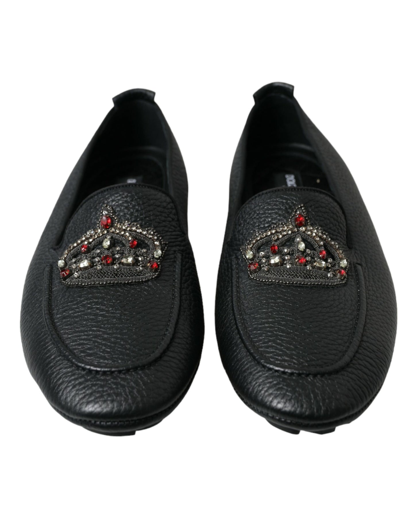 Dolce & Gabbana Black Leather Crystal Embellished Loafers Dress Shoes