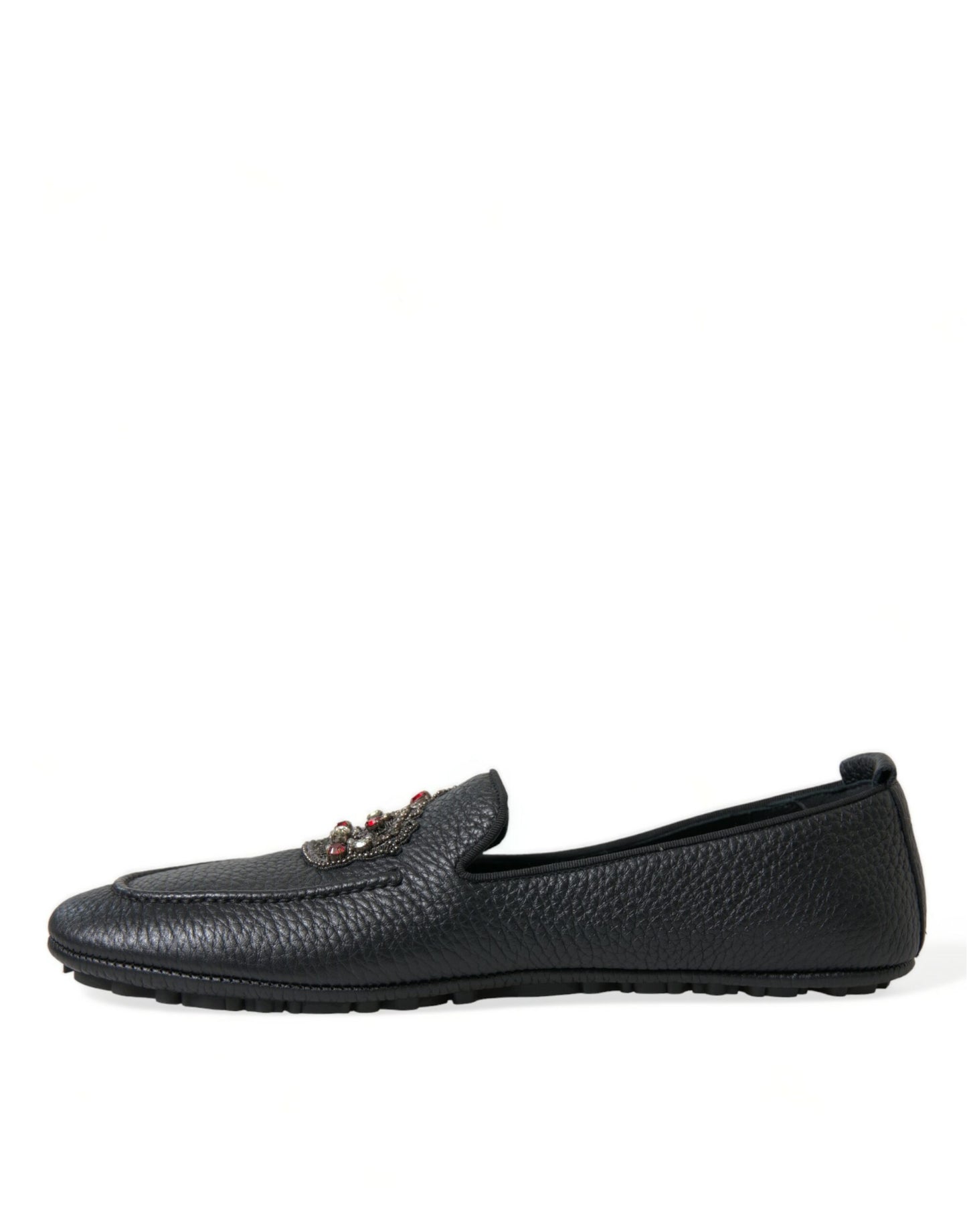 Dolce & Gabbana Black Leather Crystal Embellished Loafers Dress Shoes