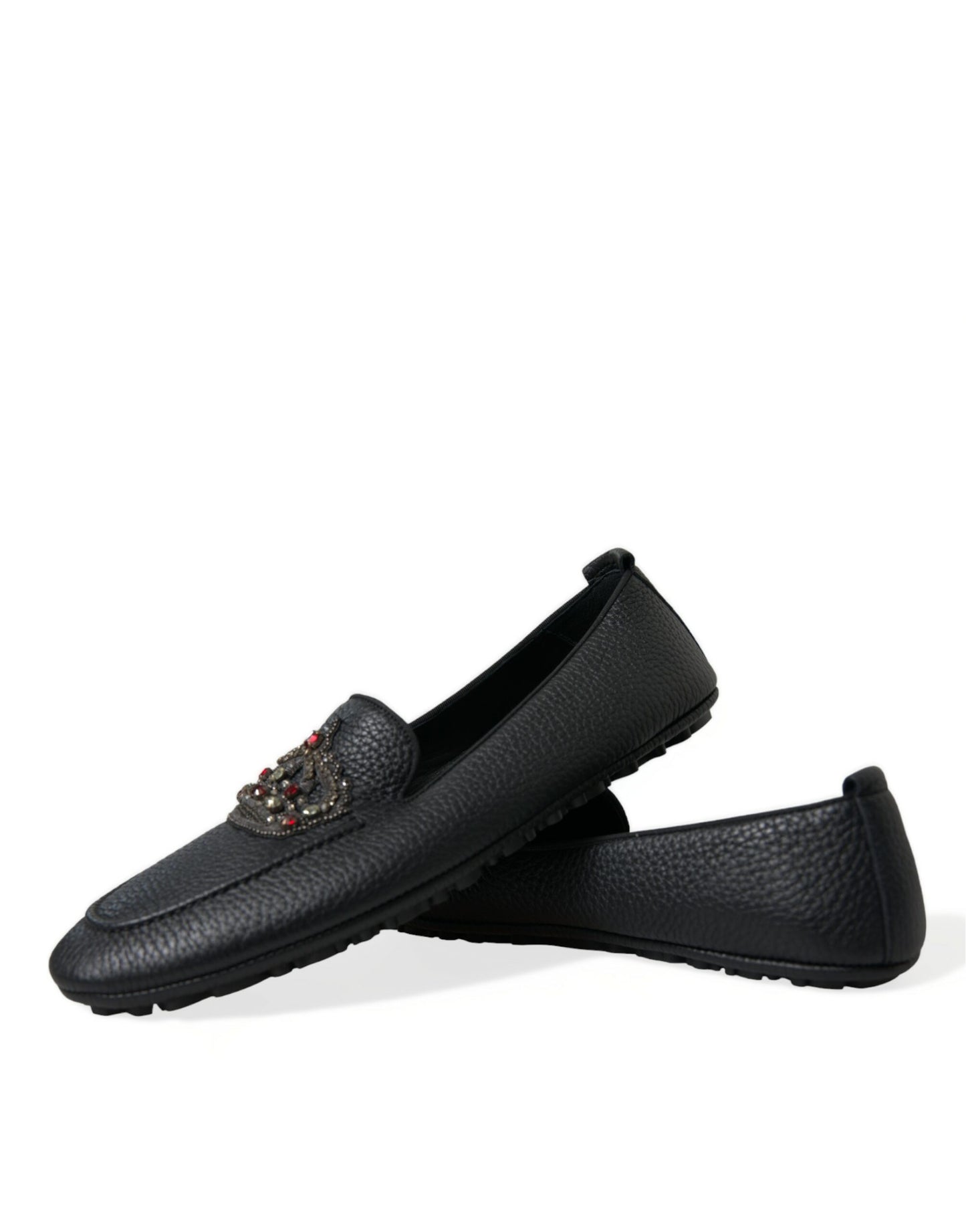 Dolce & Gabbana Black Leather Crystal Embellished Loafers Dress Shoes