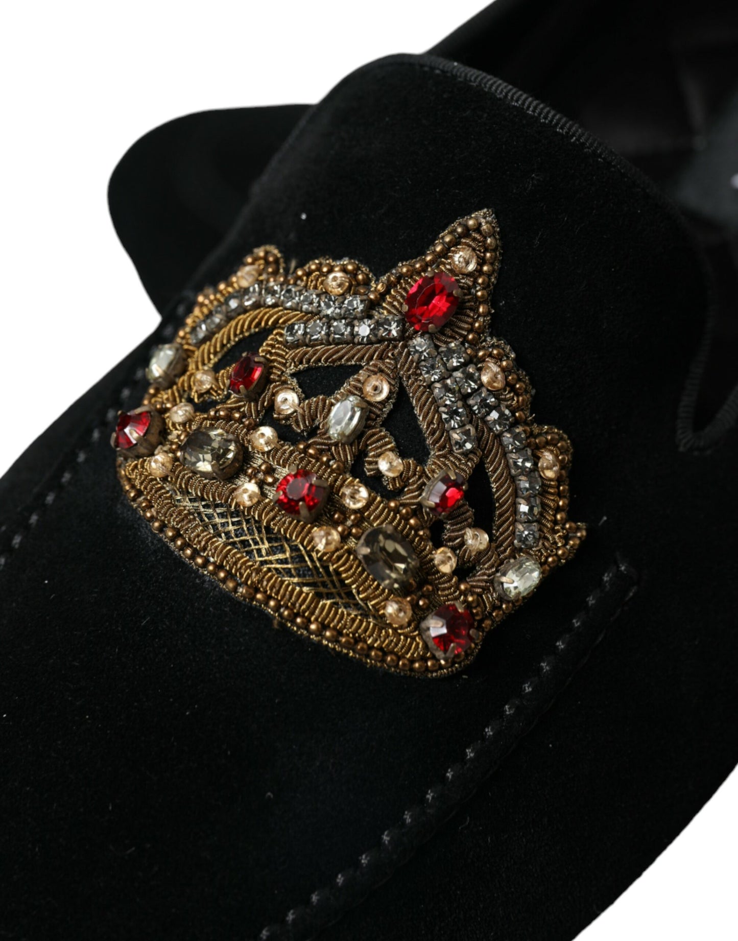 Dolce & Gabbana Black Leather Crystal Crown Loafers Shoes