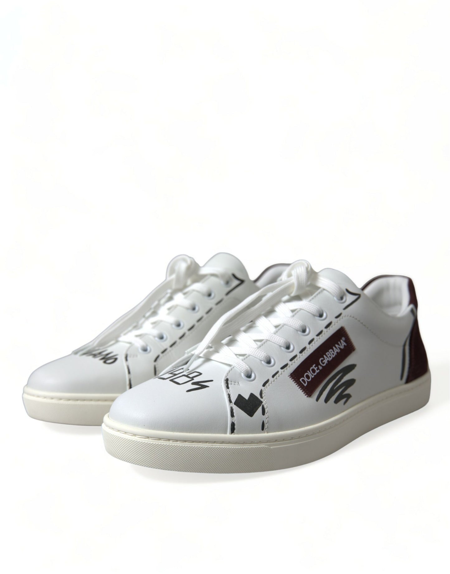 Dolce & Gabbana White Bordeaux Leather Logo Low Top Sneakers Shoes