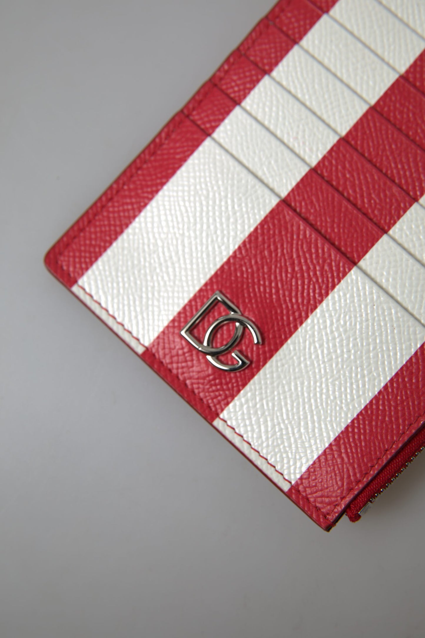 Dolce & Gabbana Red White Leather DG Logo Zip Card Holder Wallet