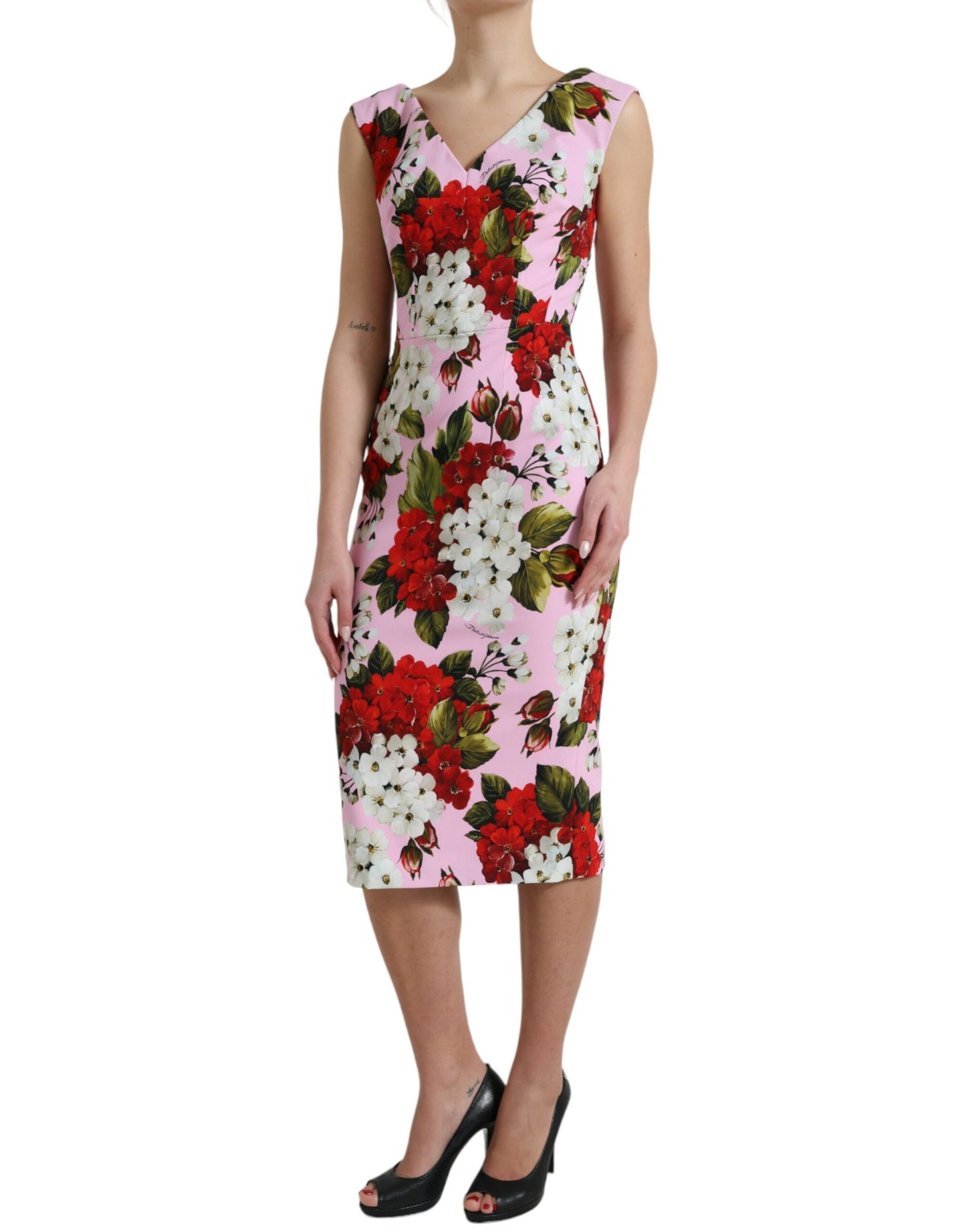 Dolce & Gabbana Pink Viscose Pink Floral V-neck Sheath Midi Dress