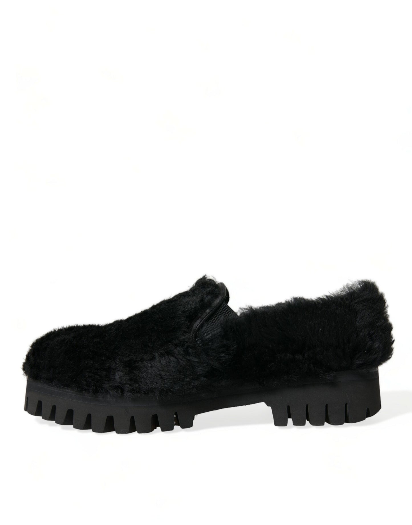 Dolce & Gabbana Black Fur Leather Slippers Dress Shoes