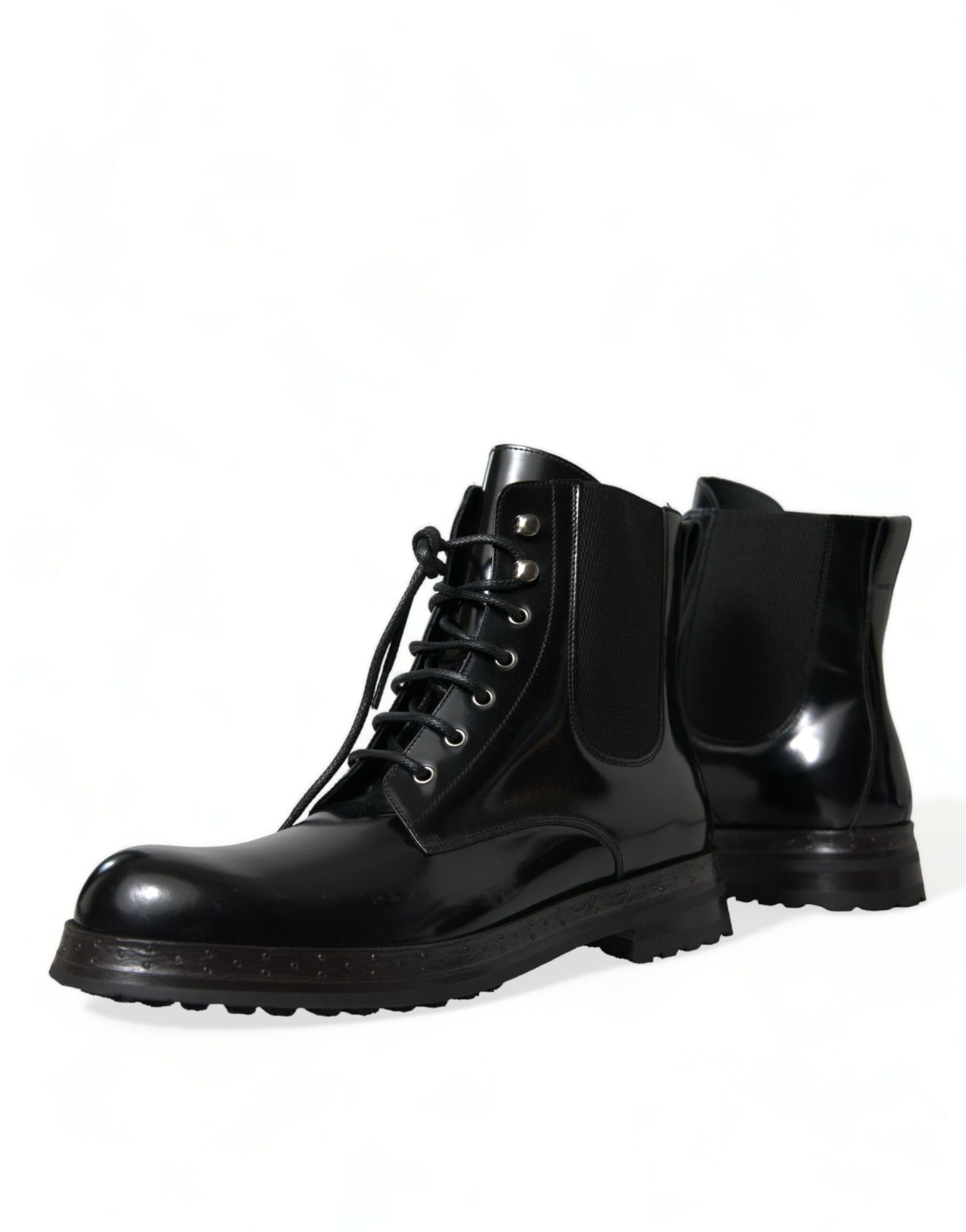 Dolce & Gabbana Black Leather Lace Up Mid Calf Boots Shoes