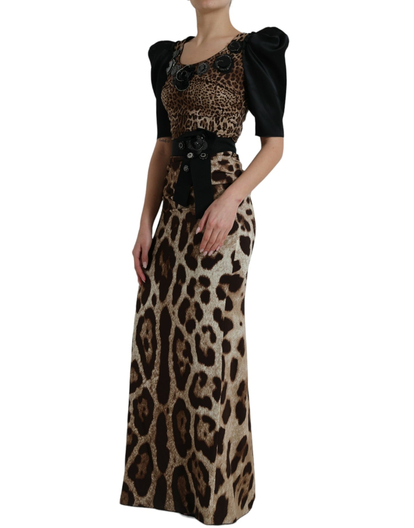 Dolce & Gabbana Black Brown Leopard Embellished Sheath Gown Dress