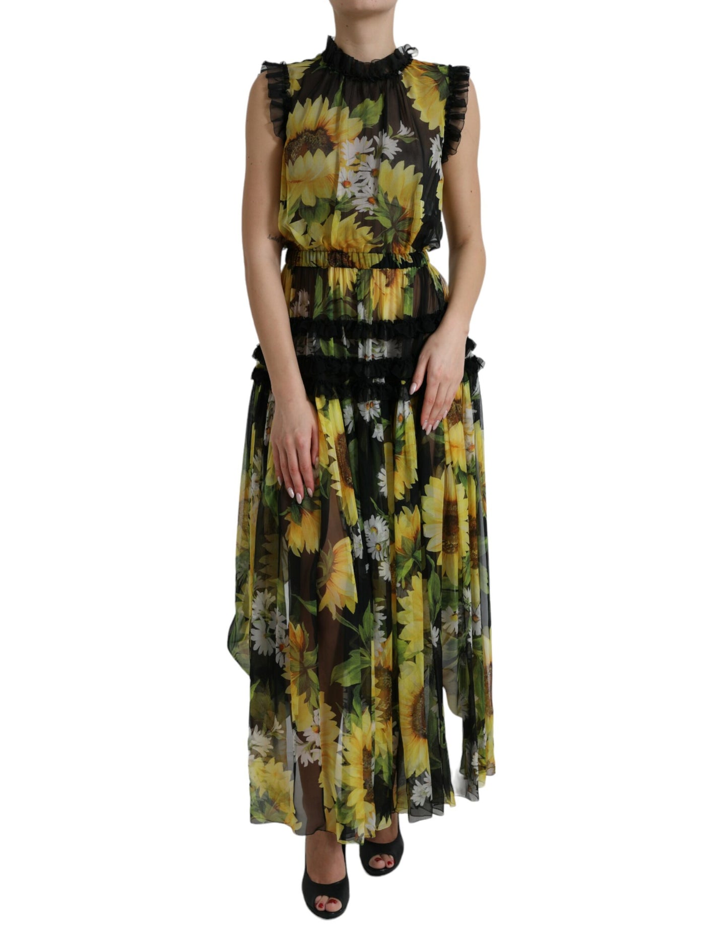 Dolce & Gabbana Black Sunflower A-line Pleated Maxi Dress