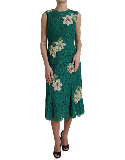 Dolce & Gabbana Green Lace Floral Applique Aline Midi Dress