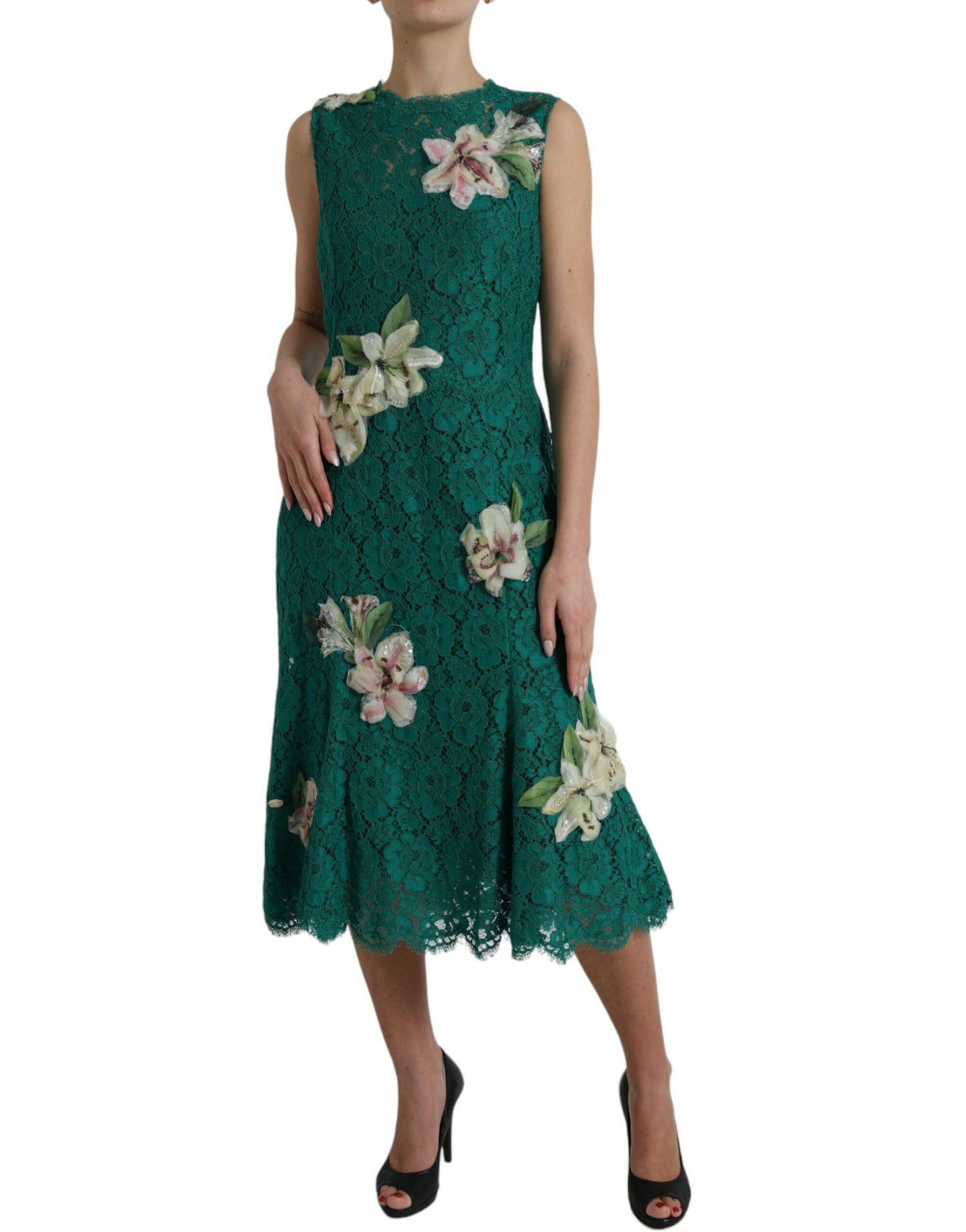 Dolce & Gabbana Green Lace Floral Applique Aline Midi Dress