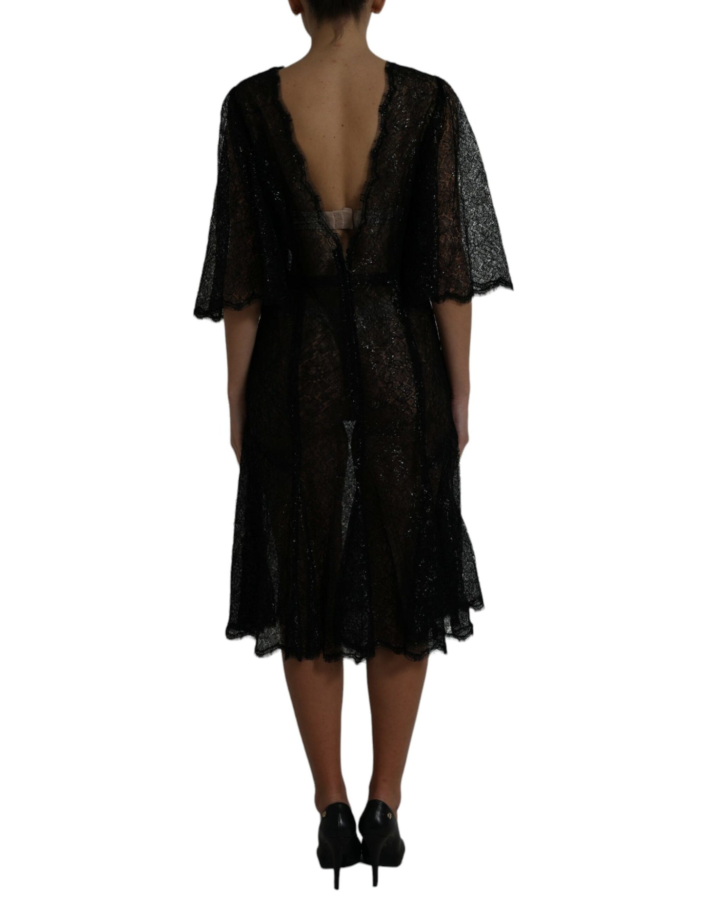 Dolce & Gabbana Black Floral Lace Sheer A-line Midi Dress