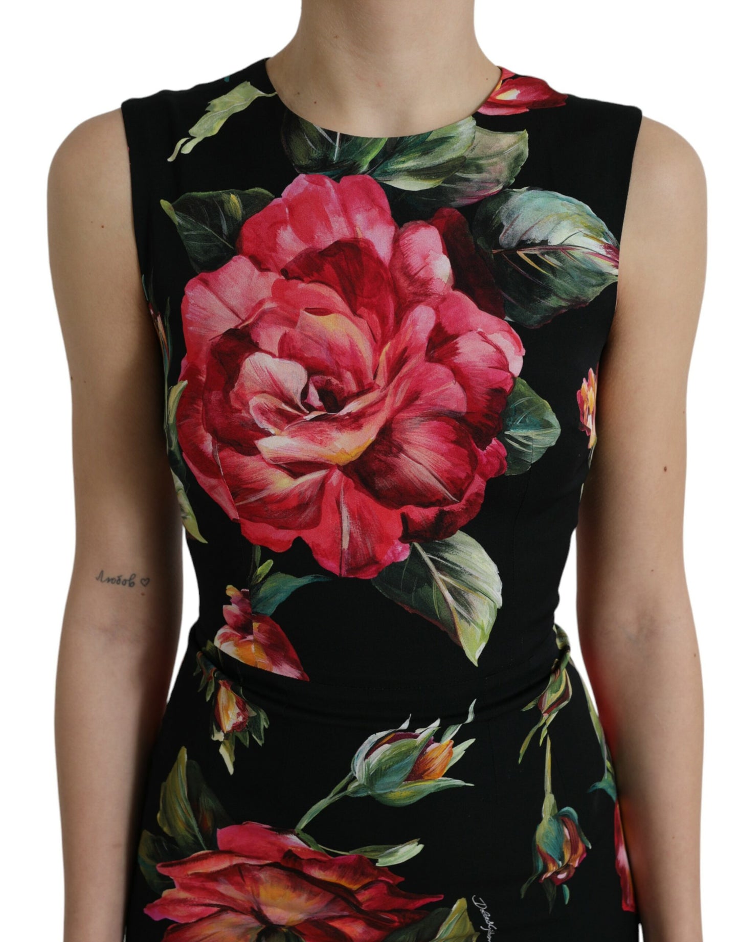 Dolce & Gabbana Black Floral Print Silk Sheath Midi Dress