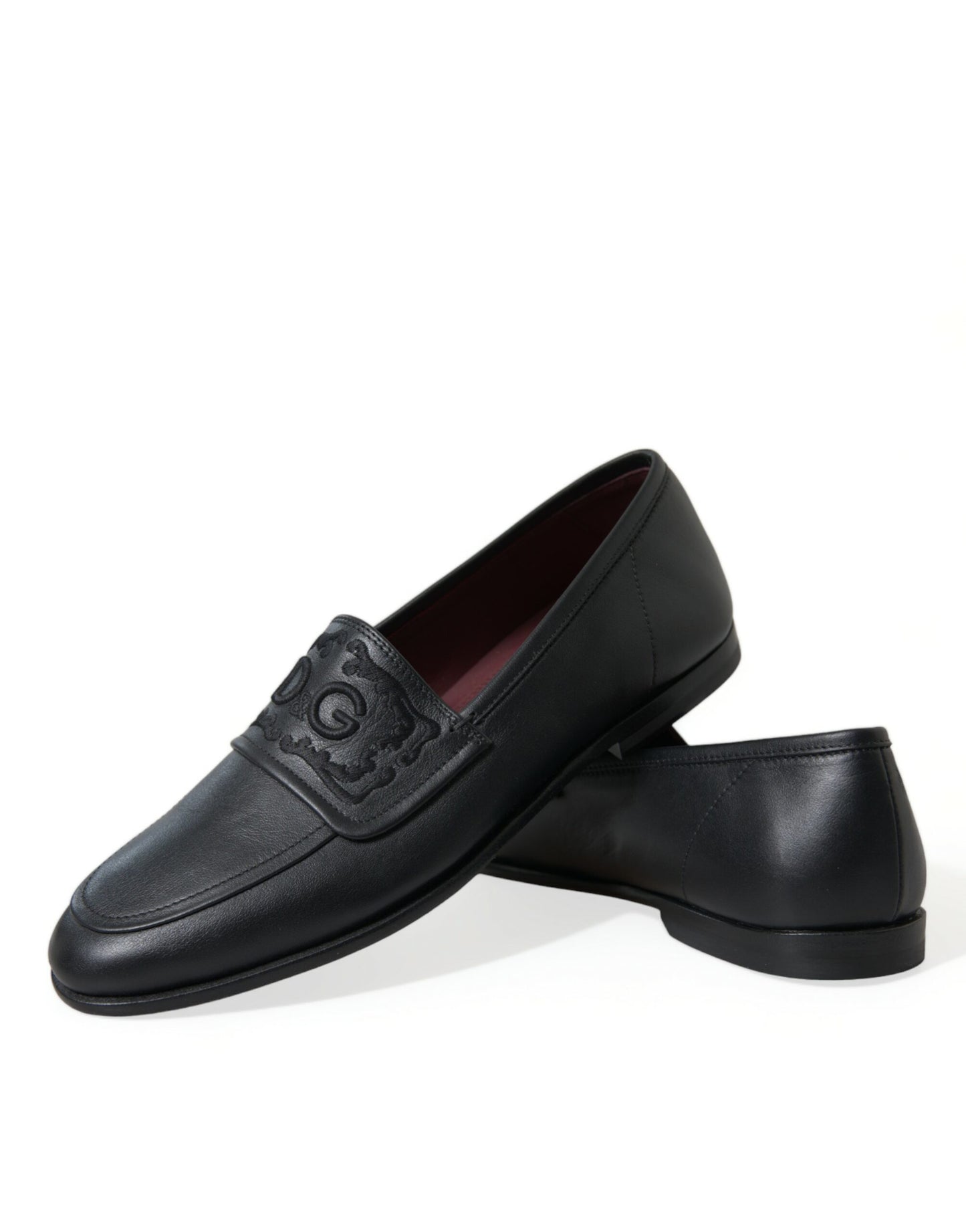 Dolce & Gabbana Black Leather Logo Embroidery Loafers Dress Shoes