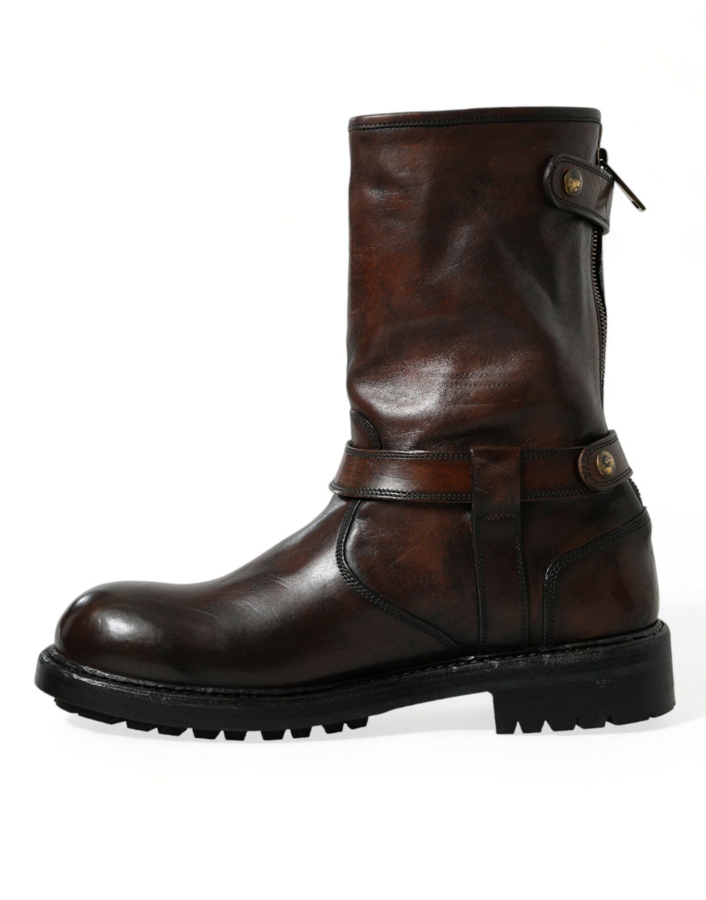 Dolce & Gabbana Brown Leather Mid Calf Biker Boots Shoes