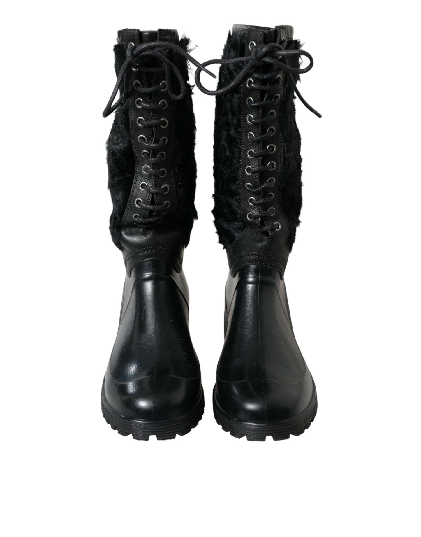 Dolce & Gabbana Black Rubber Lace Up Shearling Rain Boots Shoes