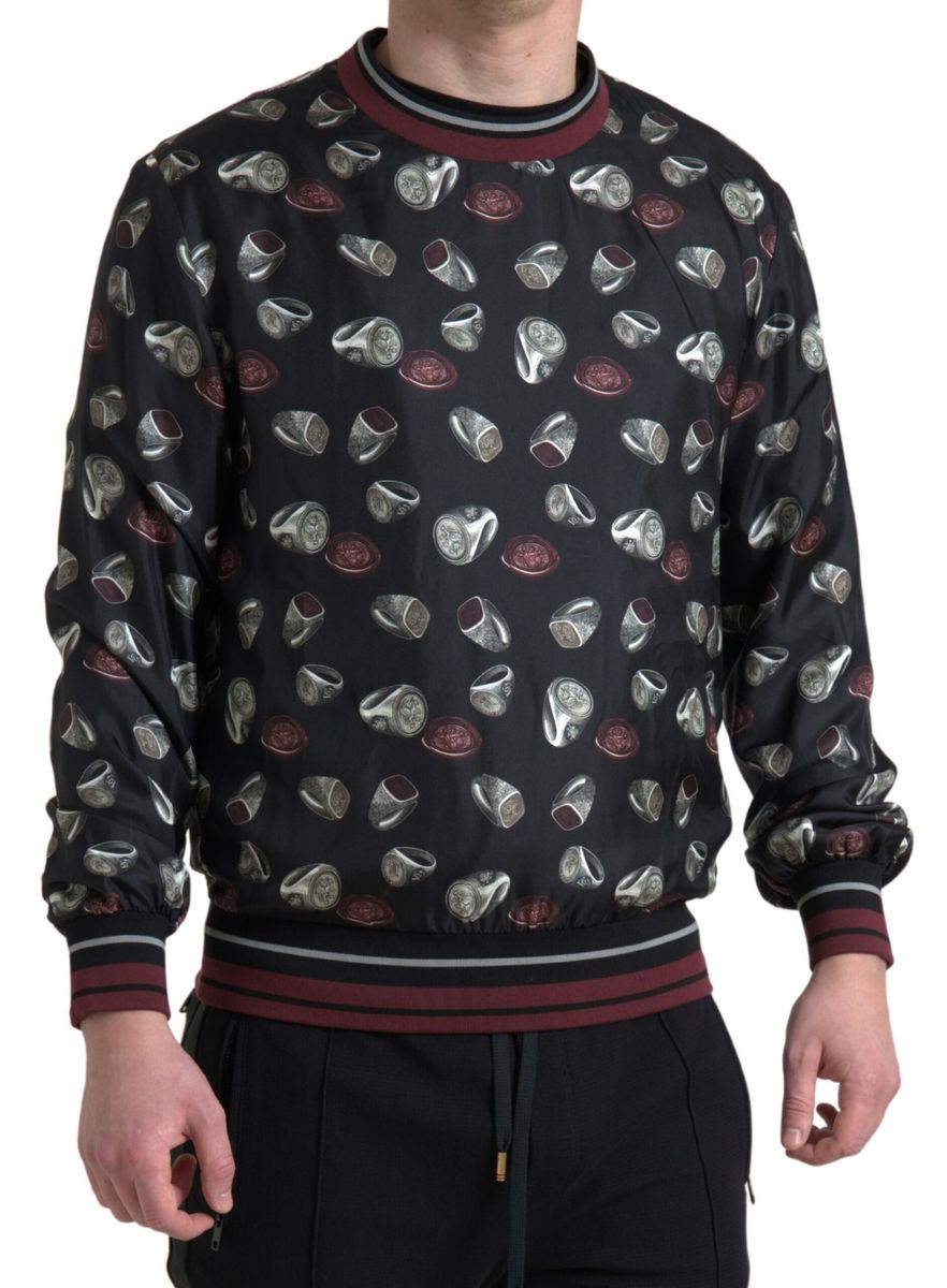 Dolce & Gabbana Black Ring Print Silk Crewneck Sweater