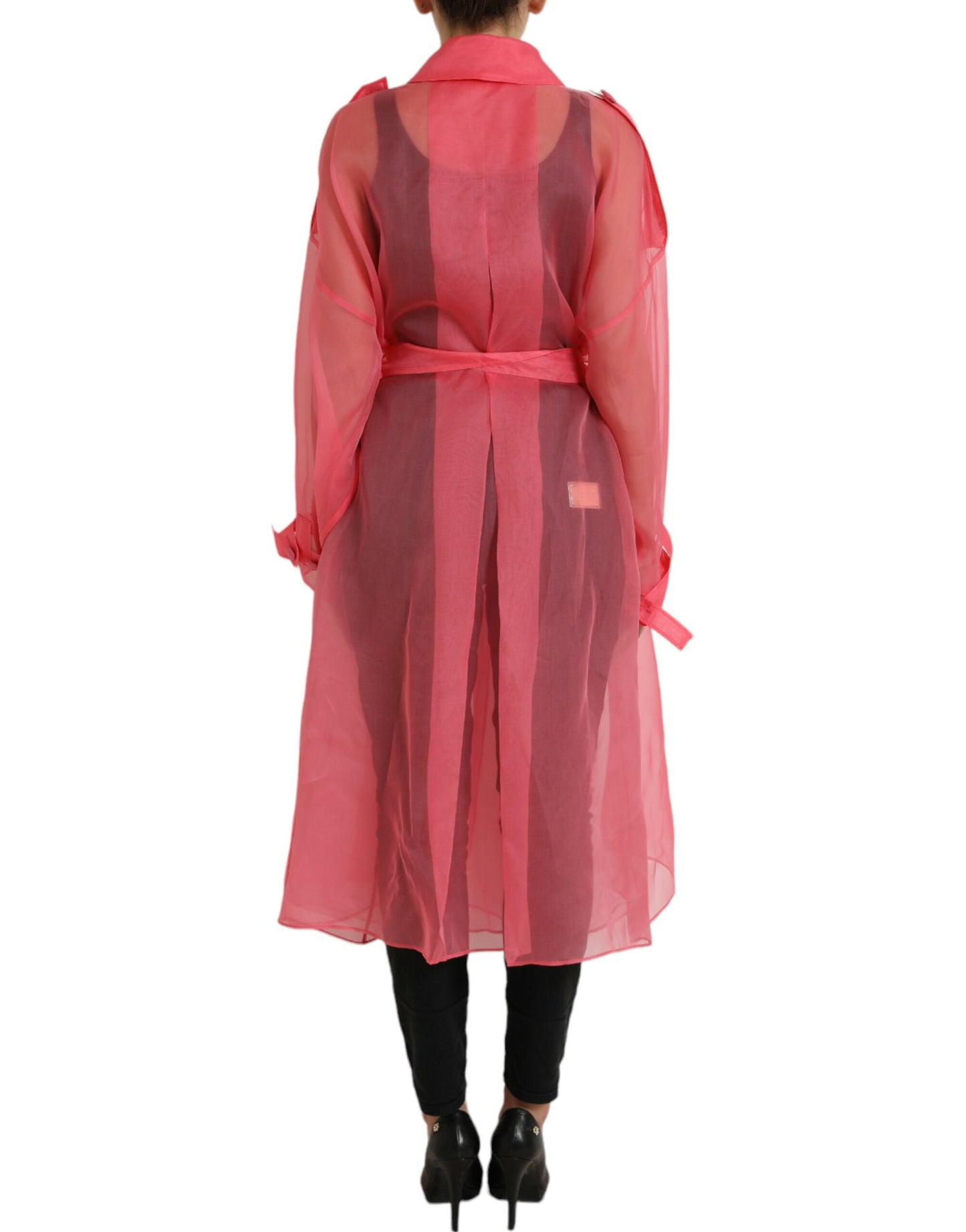 Dolce & Gabbana Pink Silk See Through Belted Long Coat Jacket