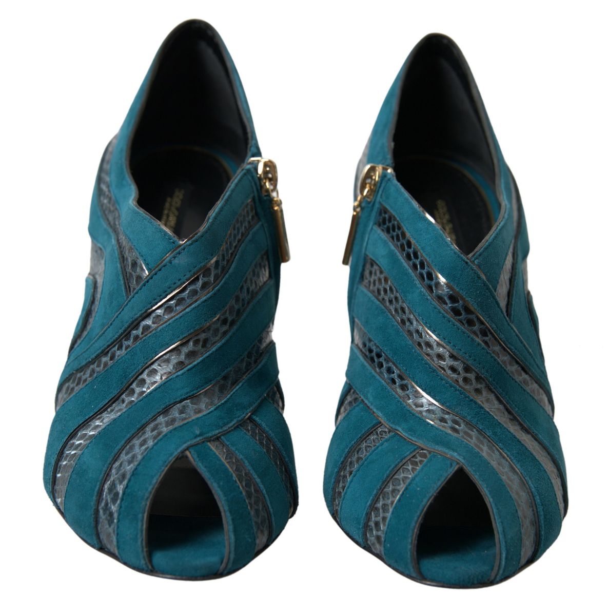 Dolce & Gabbana Blue Teal Snakeskin Peep Toe Ankle Booties Shoes