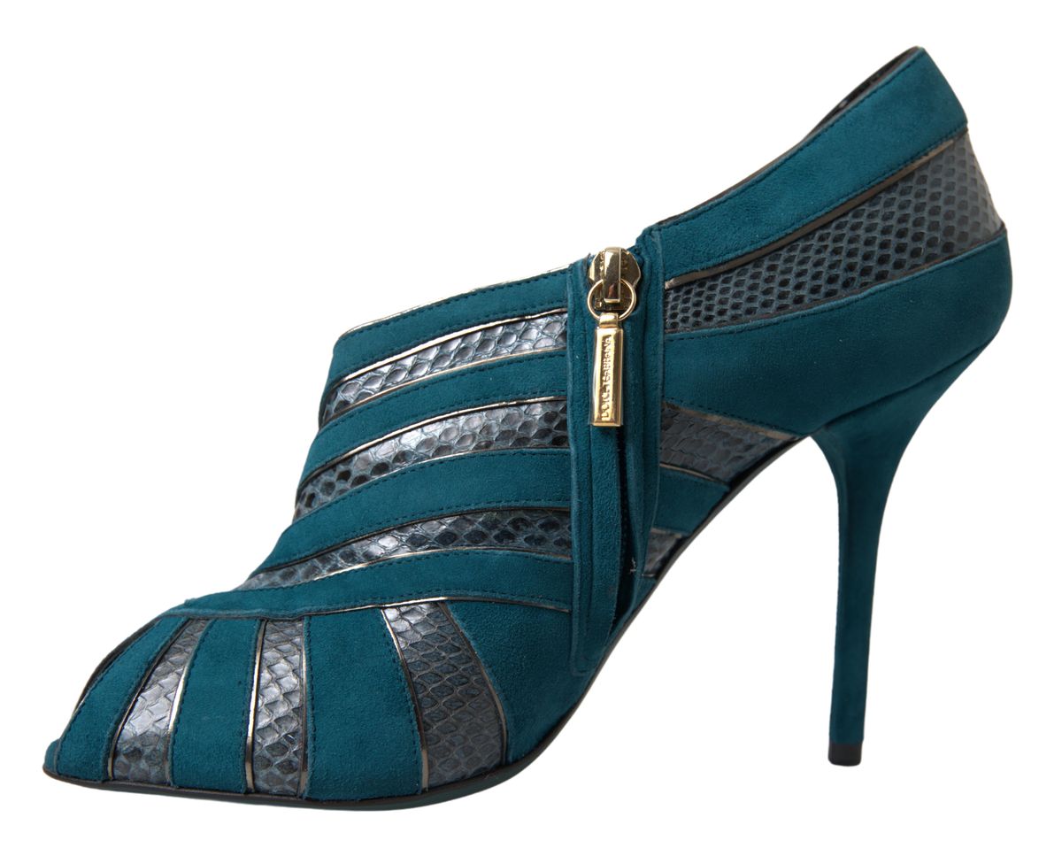 Dolce & Gabbana Blue Teal Snakeskin Peep Toe Ankle Booties Shoes