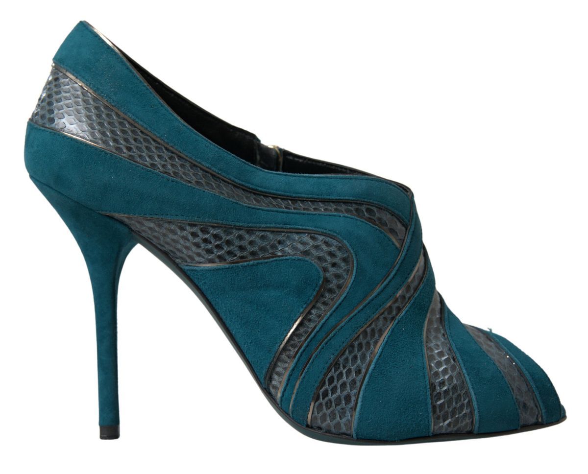 Dolce & Gabbana Blue Teal Snakeskin Peep Toe Ankle Booties Shoes