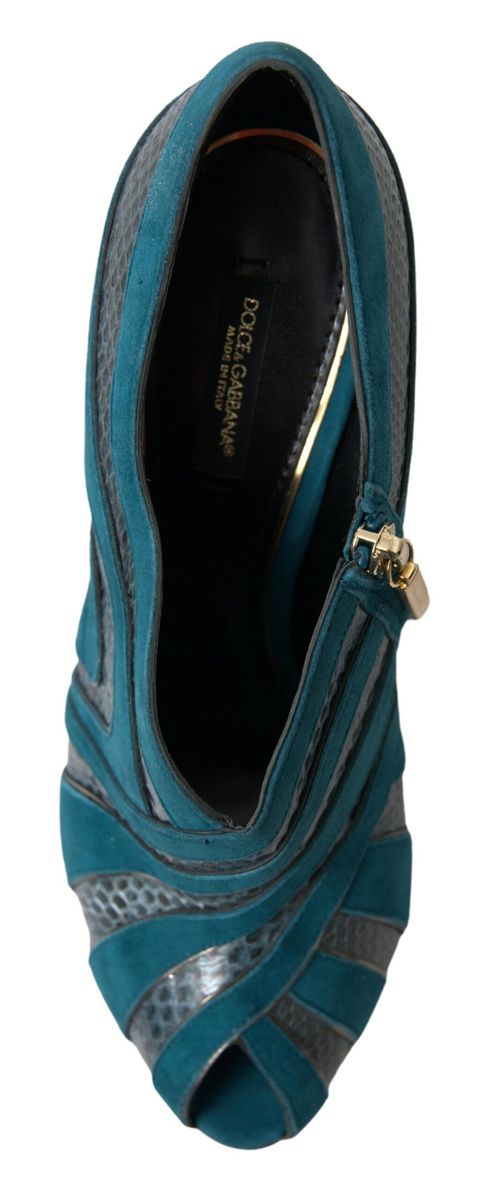 Dolce & Gabbana Blue Teal Snakeskin Peep Toe Ankle Booties Shoes