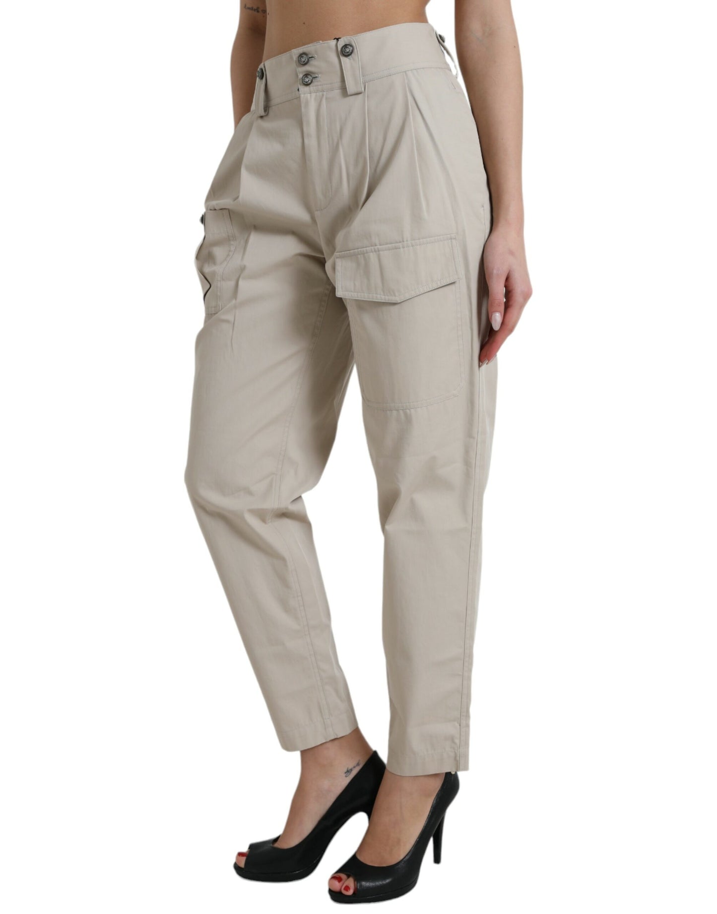 Dolce & Gabbana Beige Cotton High Waist Tapered Pants