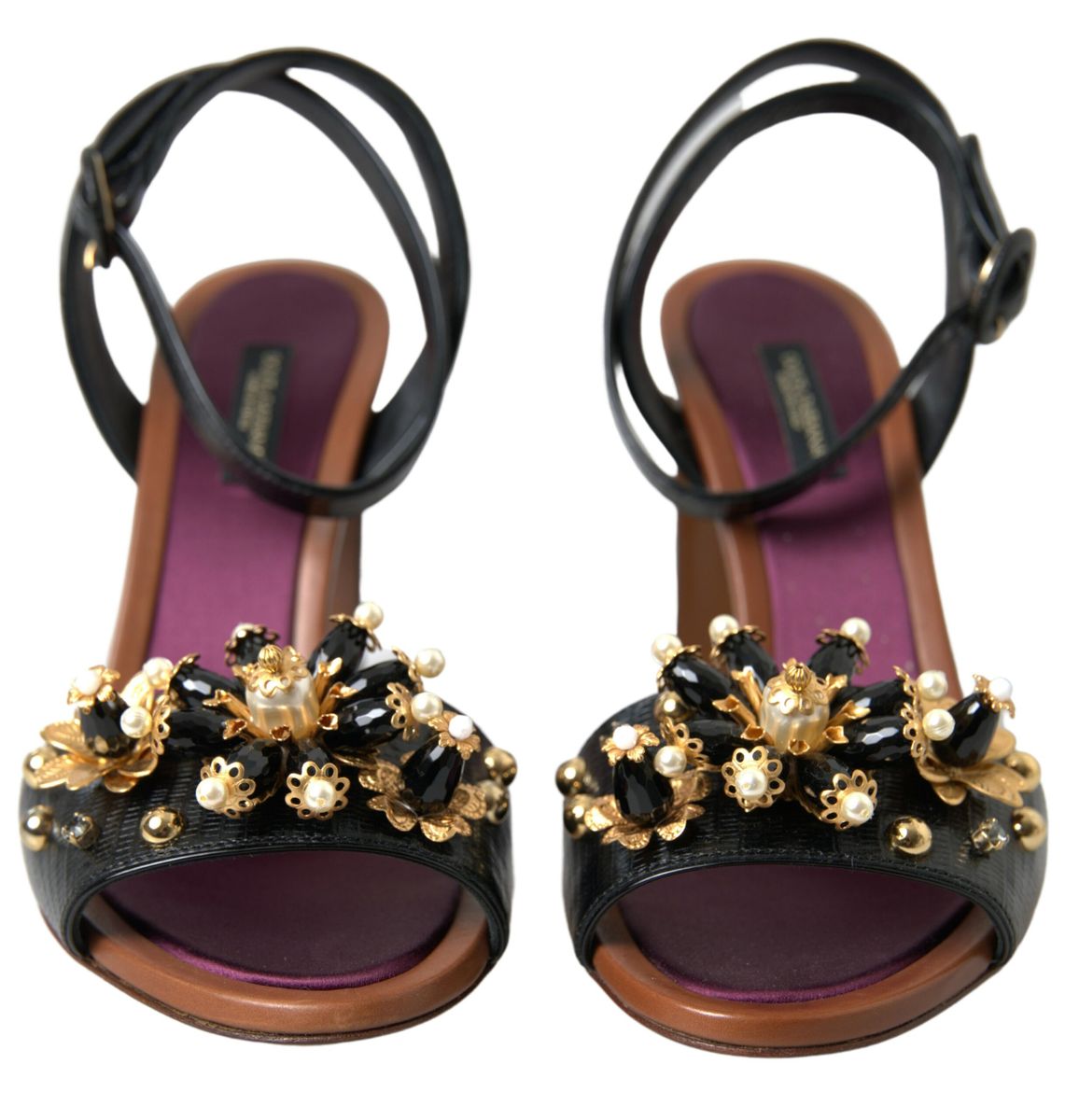 Dolce & Gabbana Black Lizard Embossed Floral Pearls Sandals Shoes