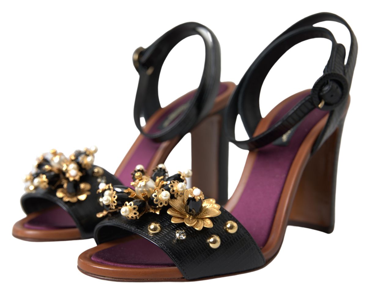 Dolce & Gabbana Black Lizard Embossed Floral Pearls Sandals Shoes