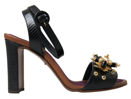 Dolce & Gabbana Black Lizard Embossed Floral Pearls Sandals Shoes