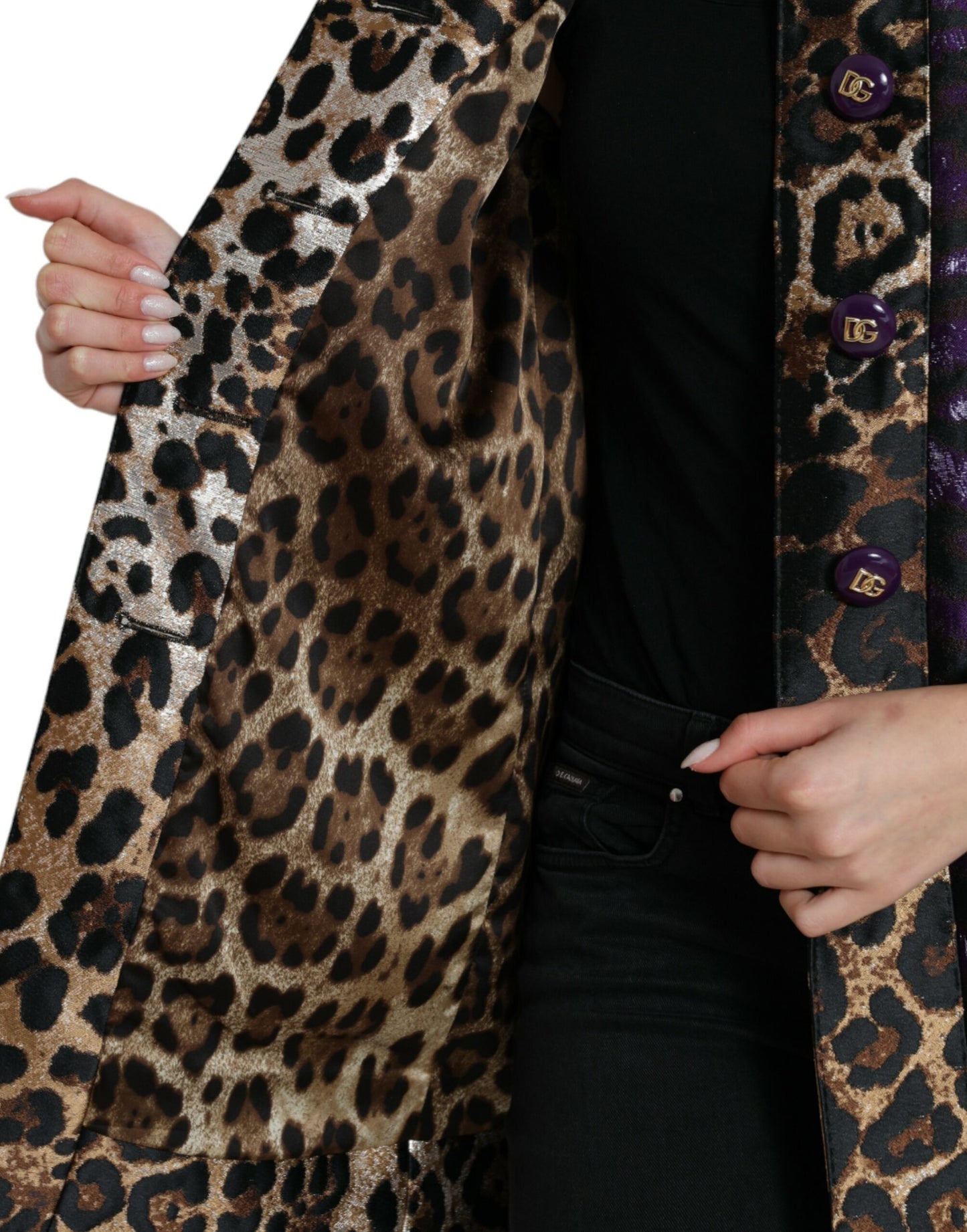 Dolce & Gabbana Purple Lamé Jacquard Tiger Print Coat Jacket