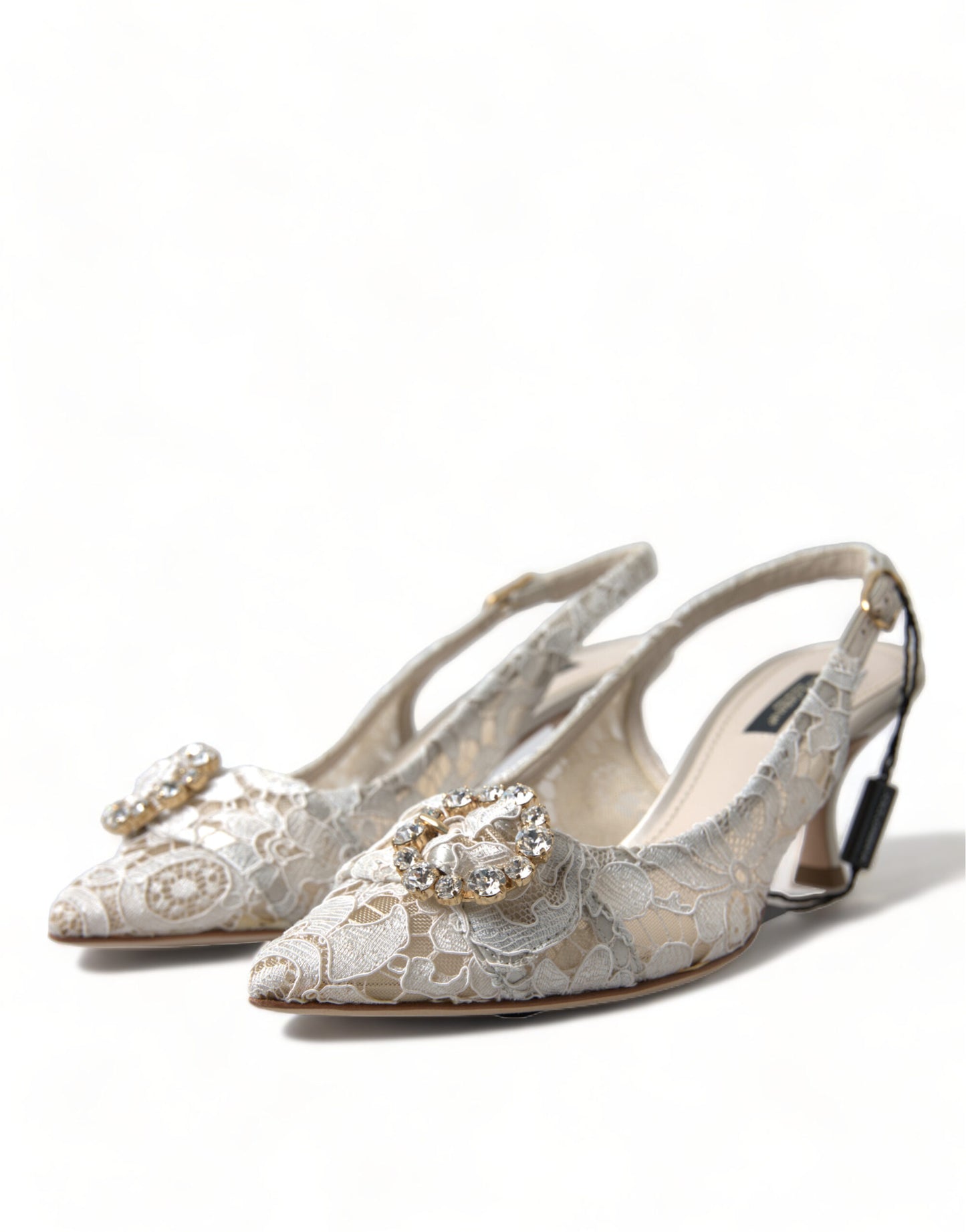 Dolce & Gabbana White Taormina Lace Crystal Slingback Shoes