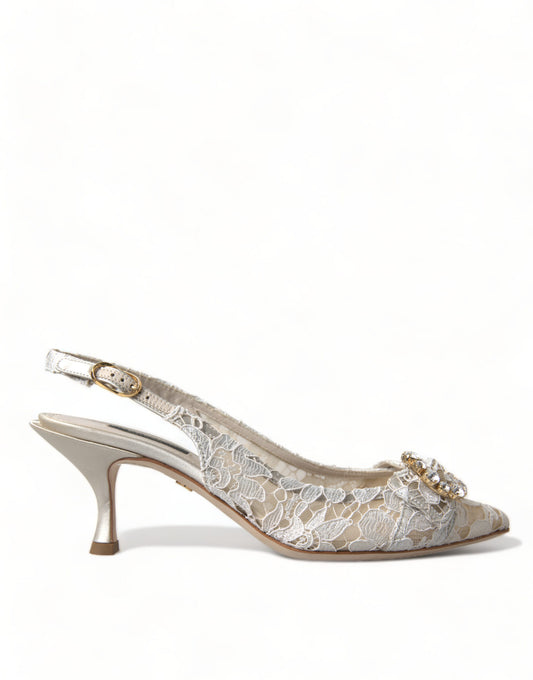 Dolce & Gabbana White Taormina Lace Crystal Slingback Shoes