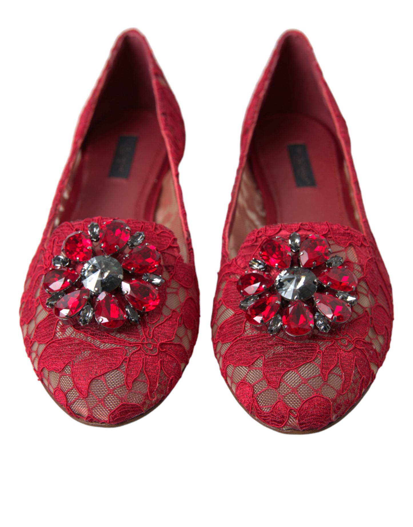 Dolce & Gabbana Red Vally Taormina Lace Crystals Flats Shoes