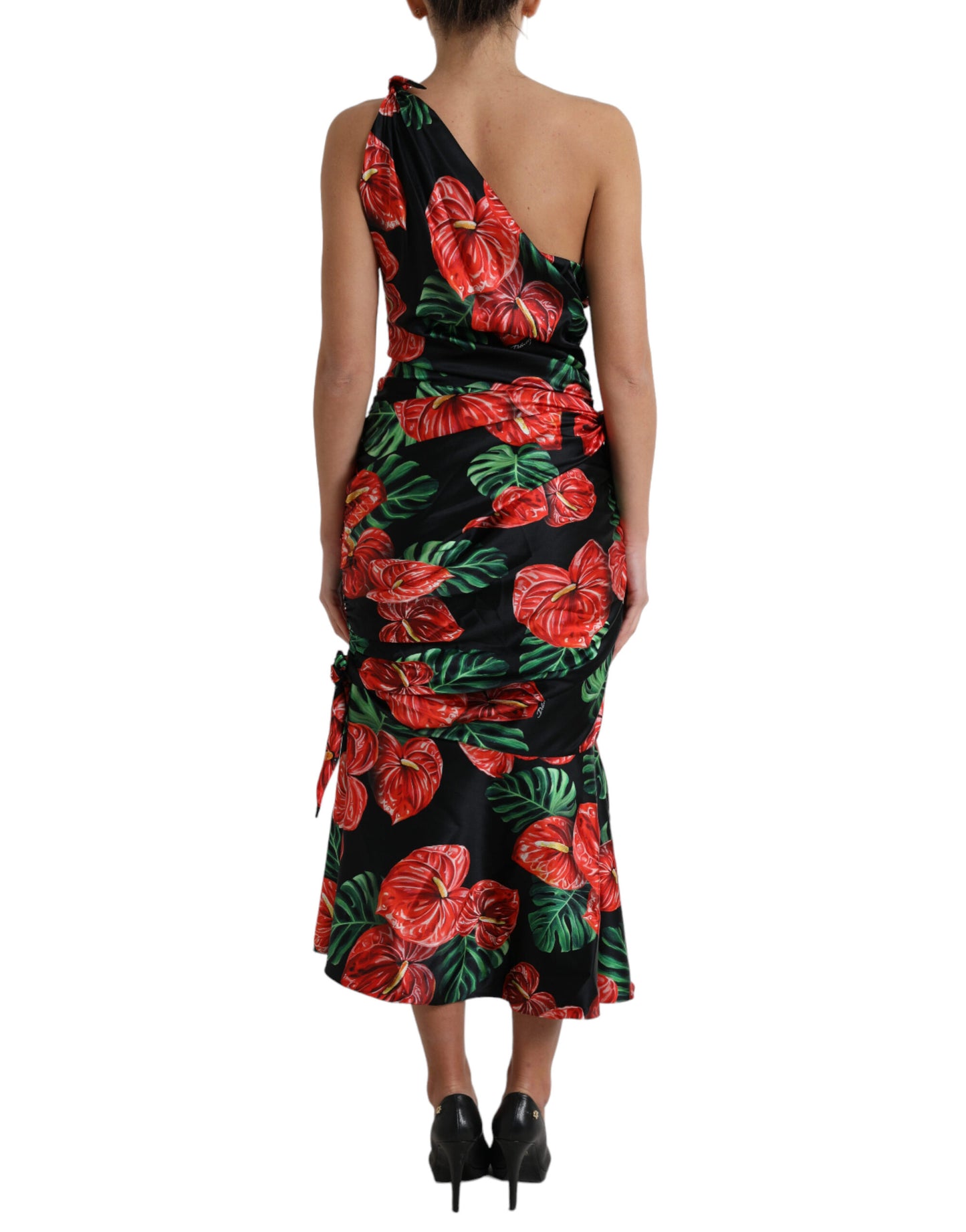 Dolce & Gabbana Black Shiny Silk Floral Print Draped Dress