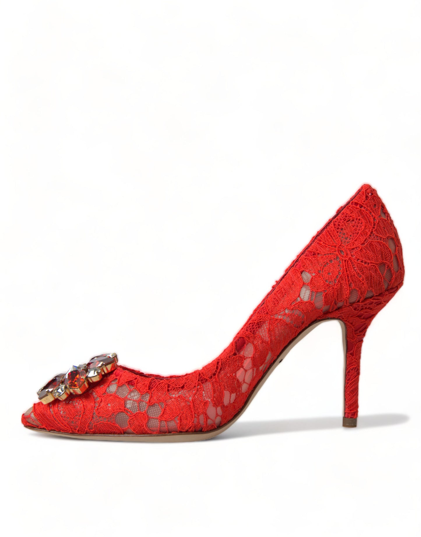 Dolce & Gabbana Red Taormina Lace Crystal Heels Pumps Shoes